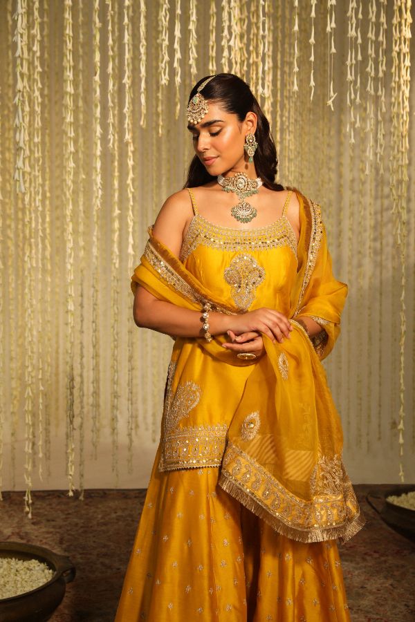 Yellow Aabroo Kurta Set- front view