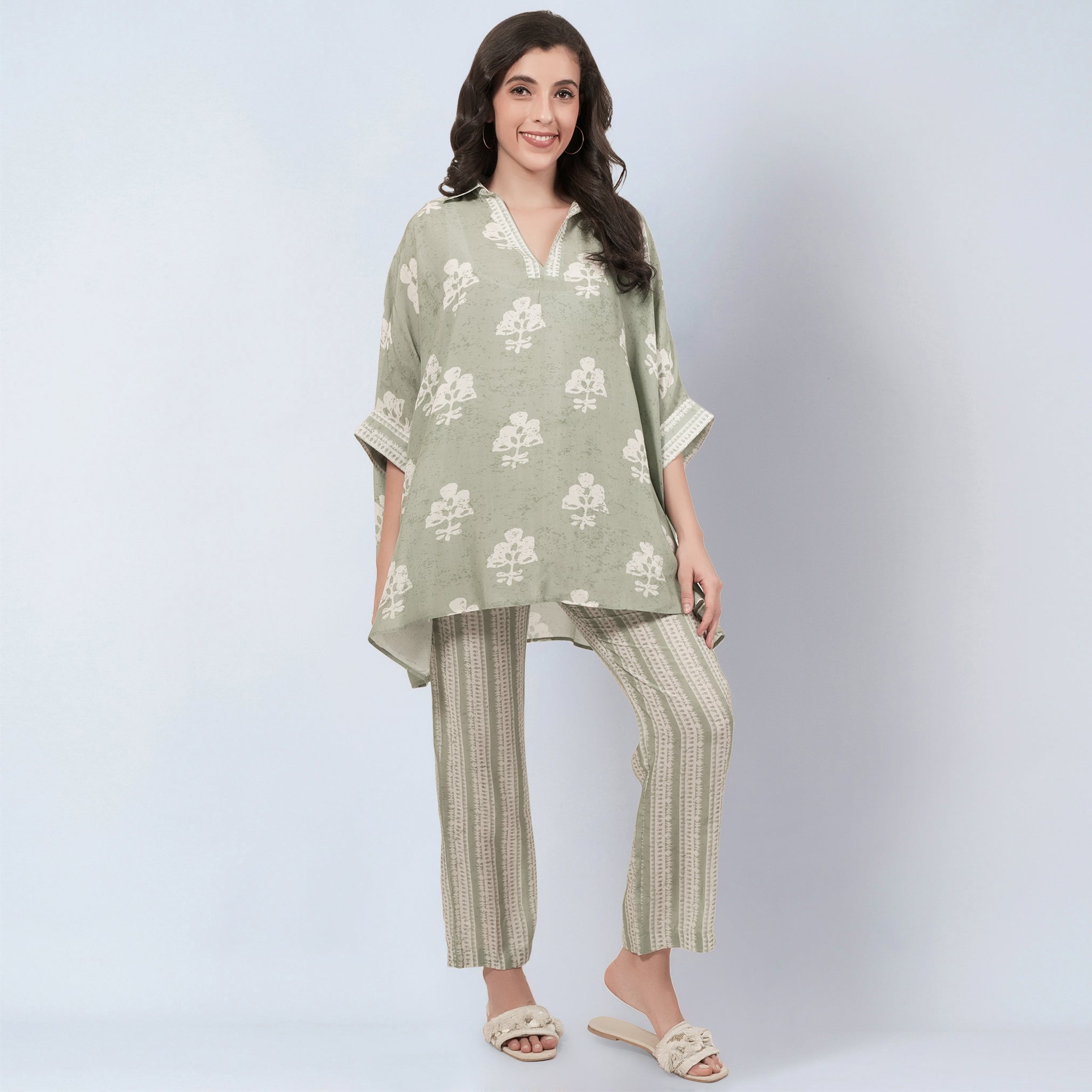 Sage Green and Ecru Floral Combination Print Co-ordinate Set