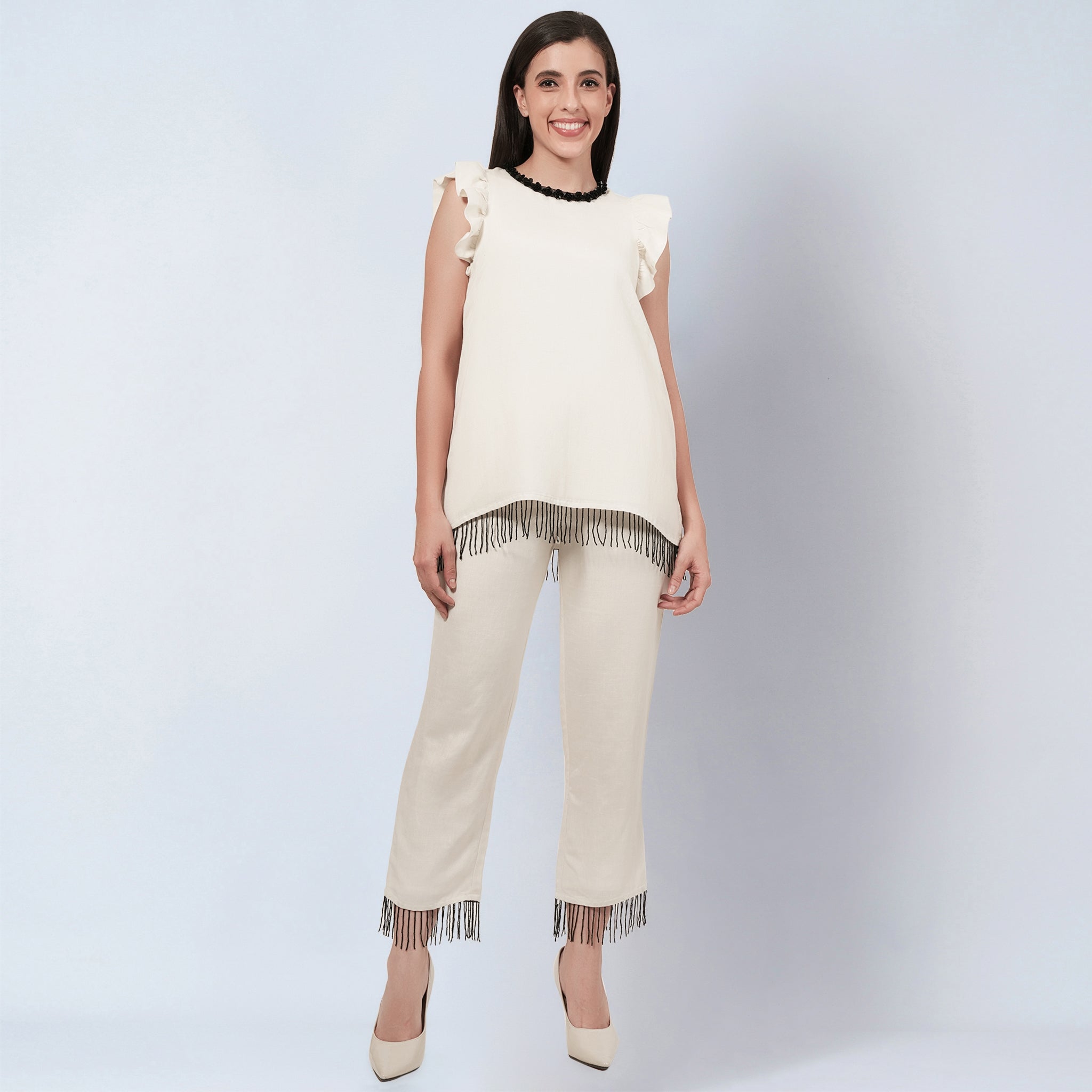 Off White Linen Top and Pants Set with Bead Lace