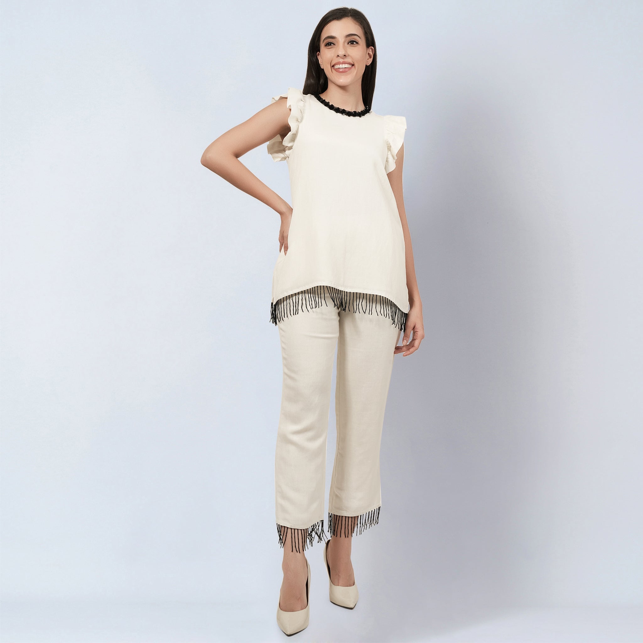 Off White Linen Top and Pants Set with Bead Lace