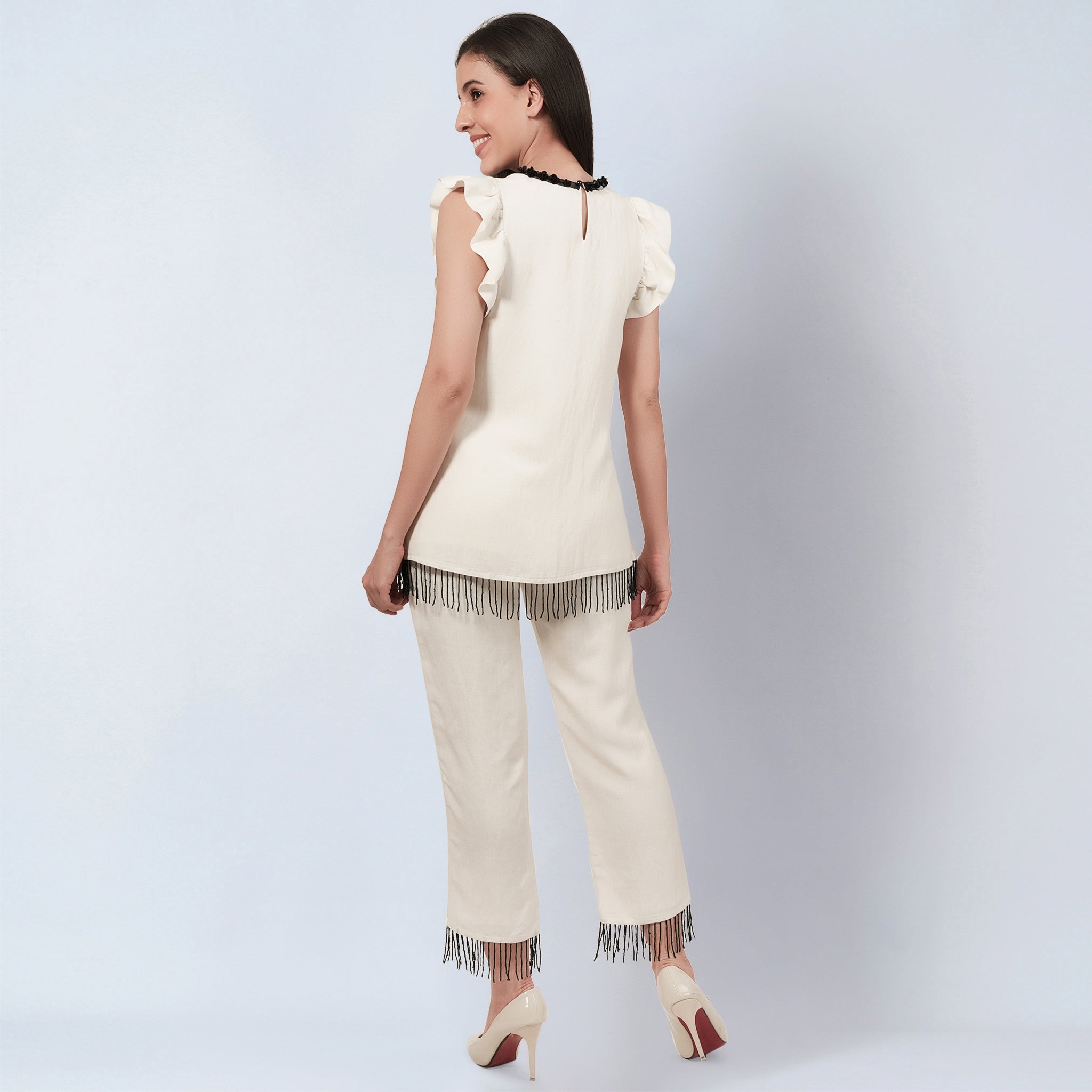 Off White Linen Top and Pants Set with Bead Lace