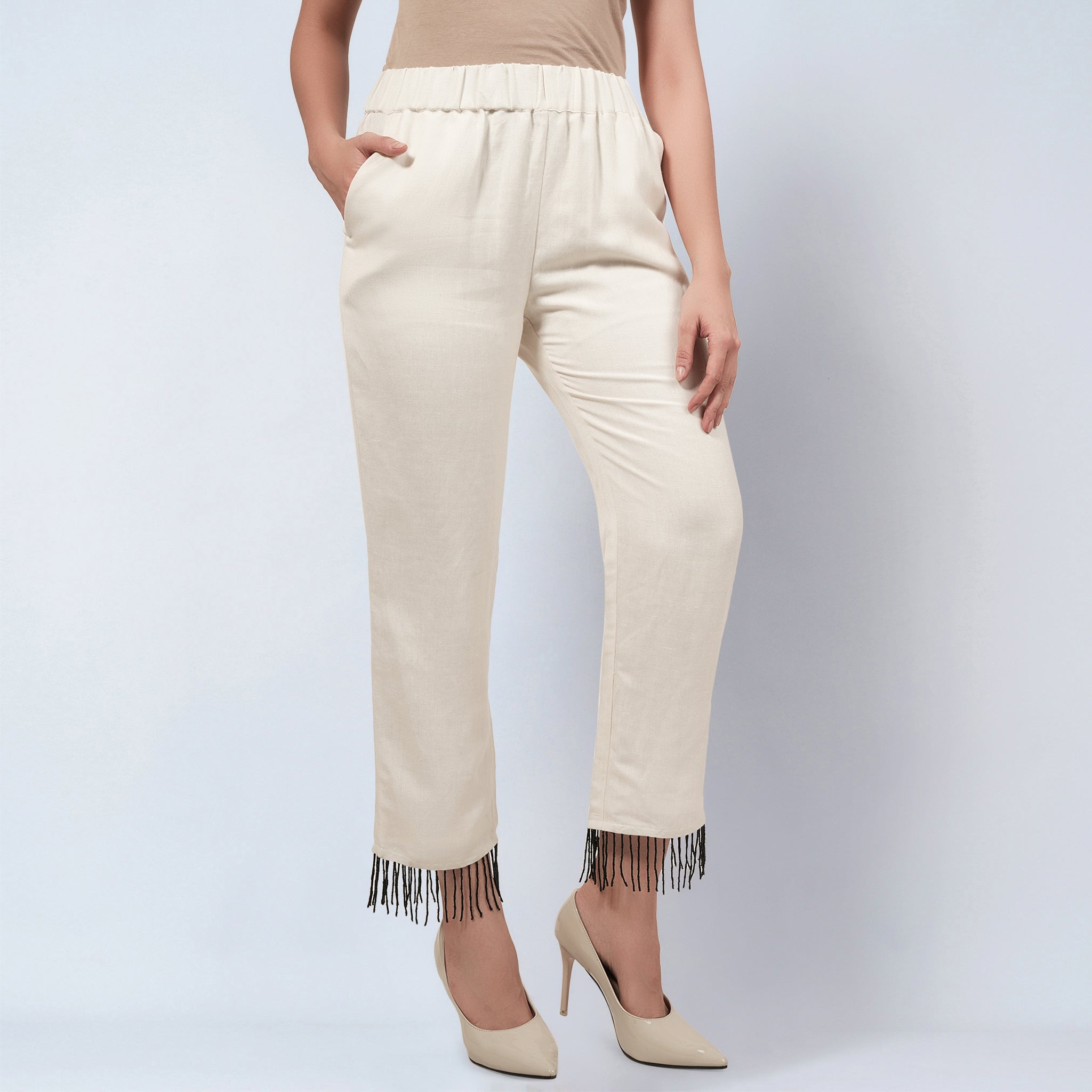 Off White Linen Top and Pants Set with Bead Lace