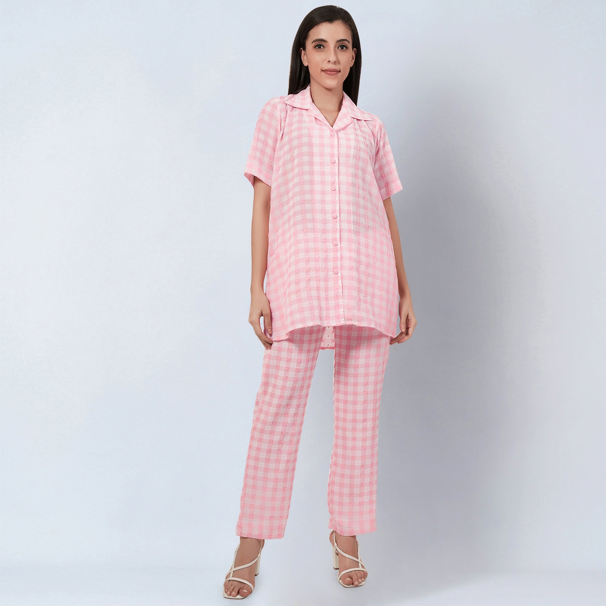 Coral Pink Checked Co-ordinate Set