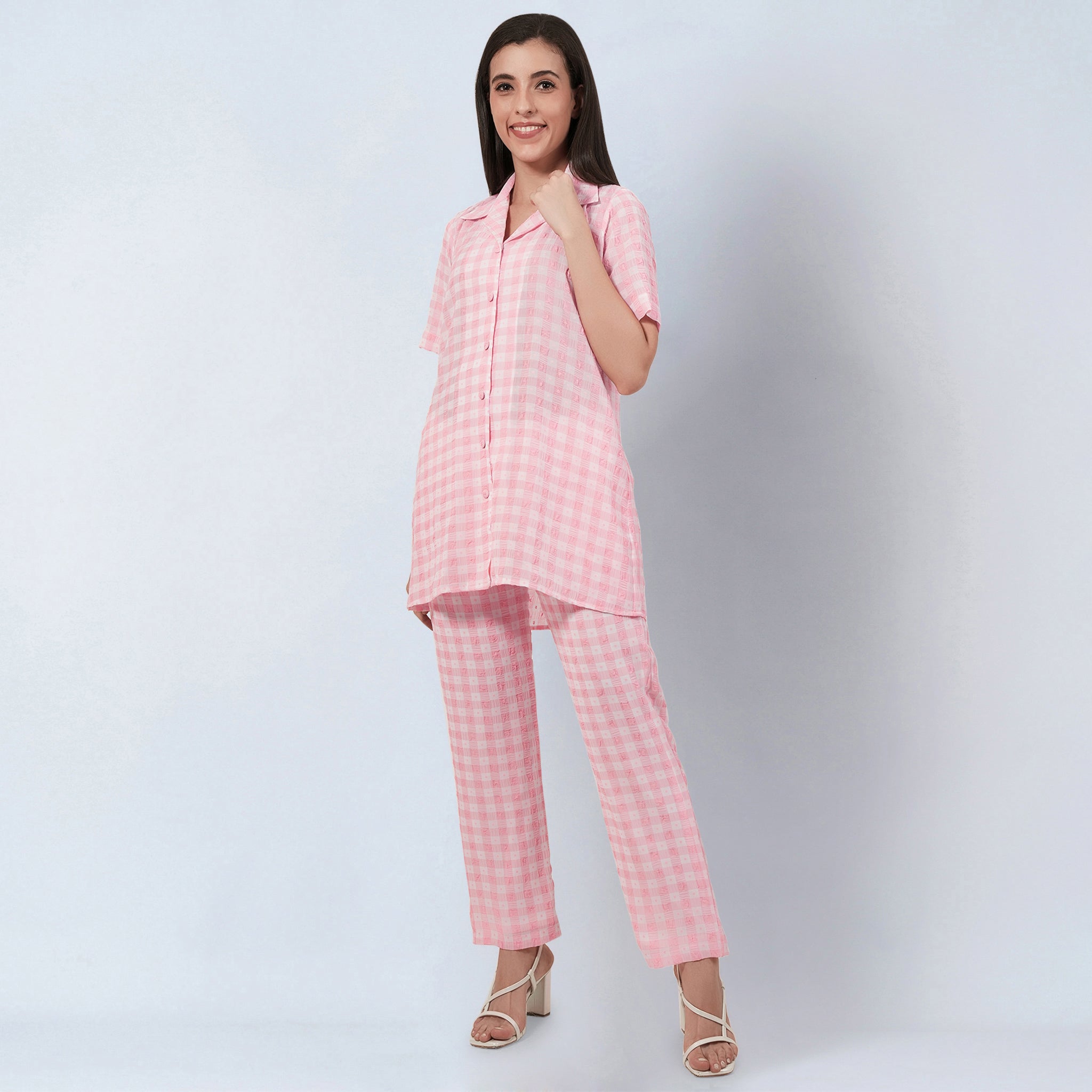 Coral Pink Checked Co-ordinate Set