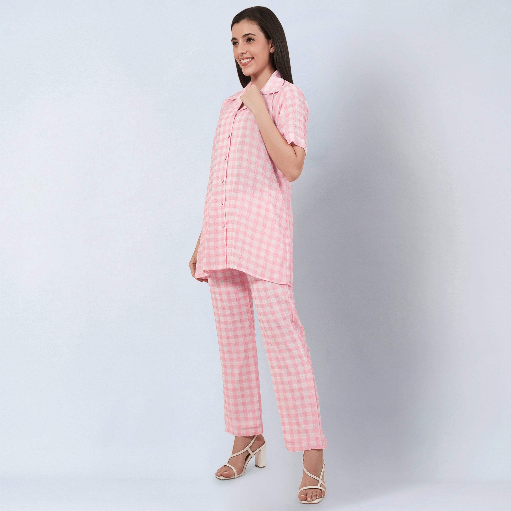 Coral Pink Checked Co-ordinate Set