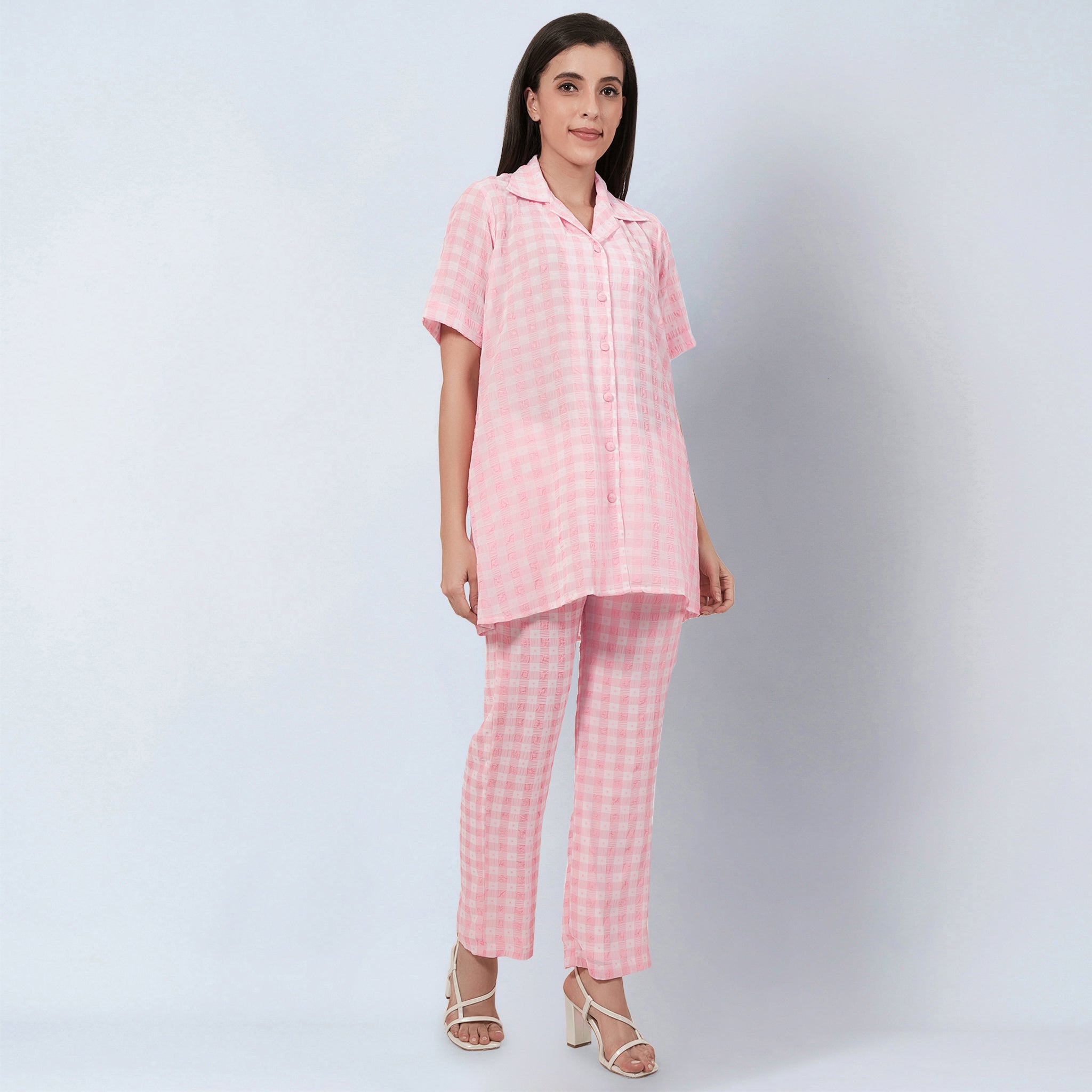 Coral Pink Checked Co-ordinate Set