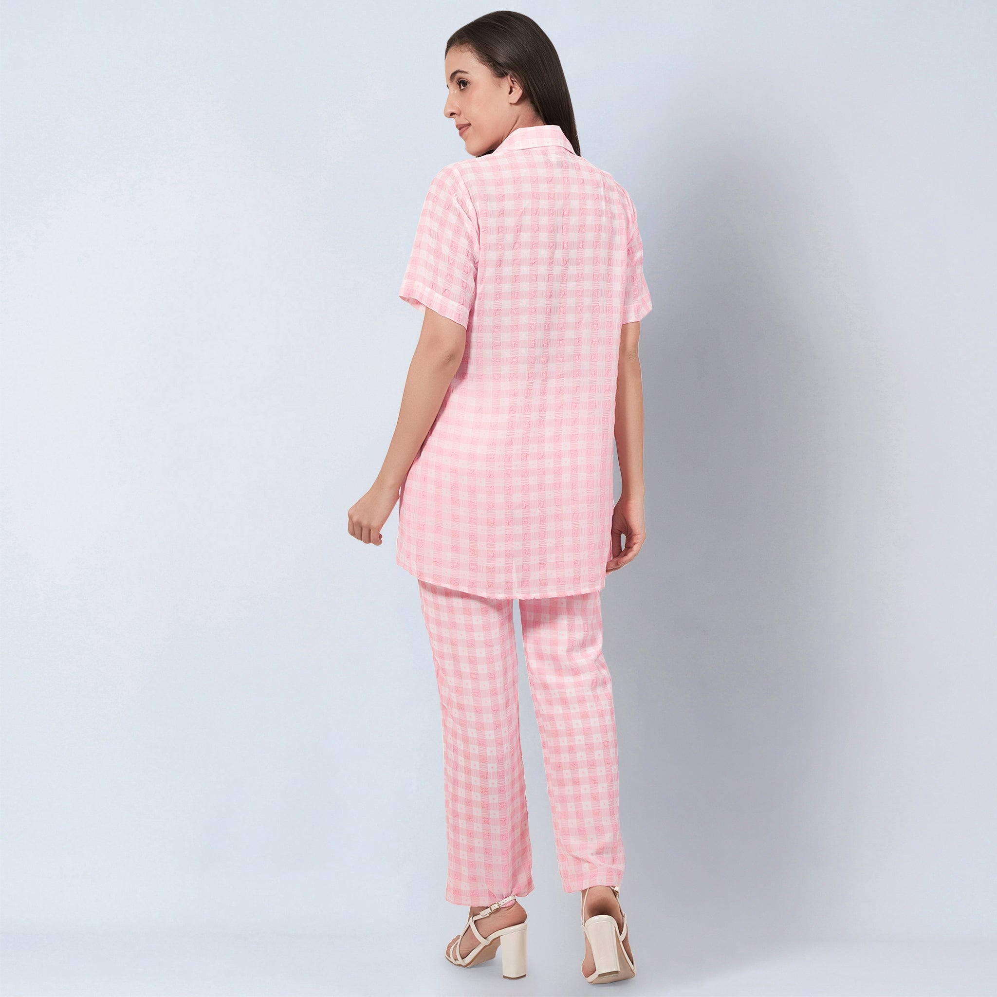 Coral Pink Checked Co-ordinate Set