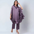 Load image into Gallery viewer, Purple Ruffle Dress with Floral Lace Detail with Satin Pants Set
