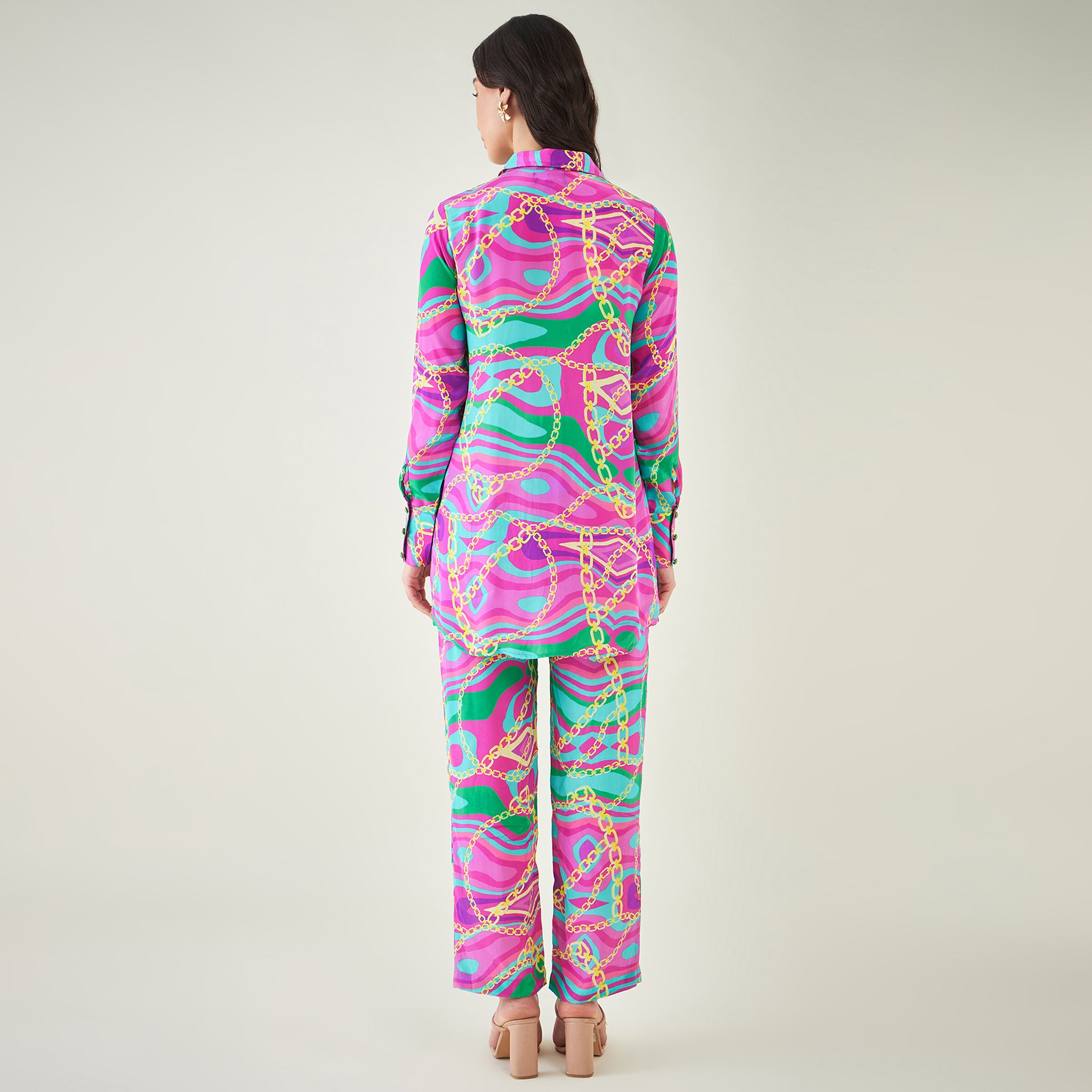 Pink and Green Marine Wave Print Shirt and Pants Set