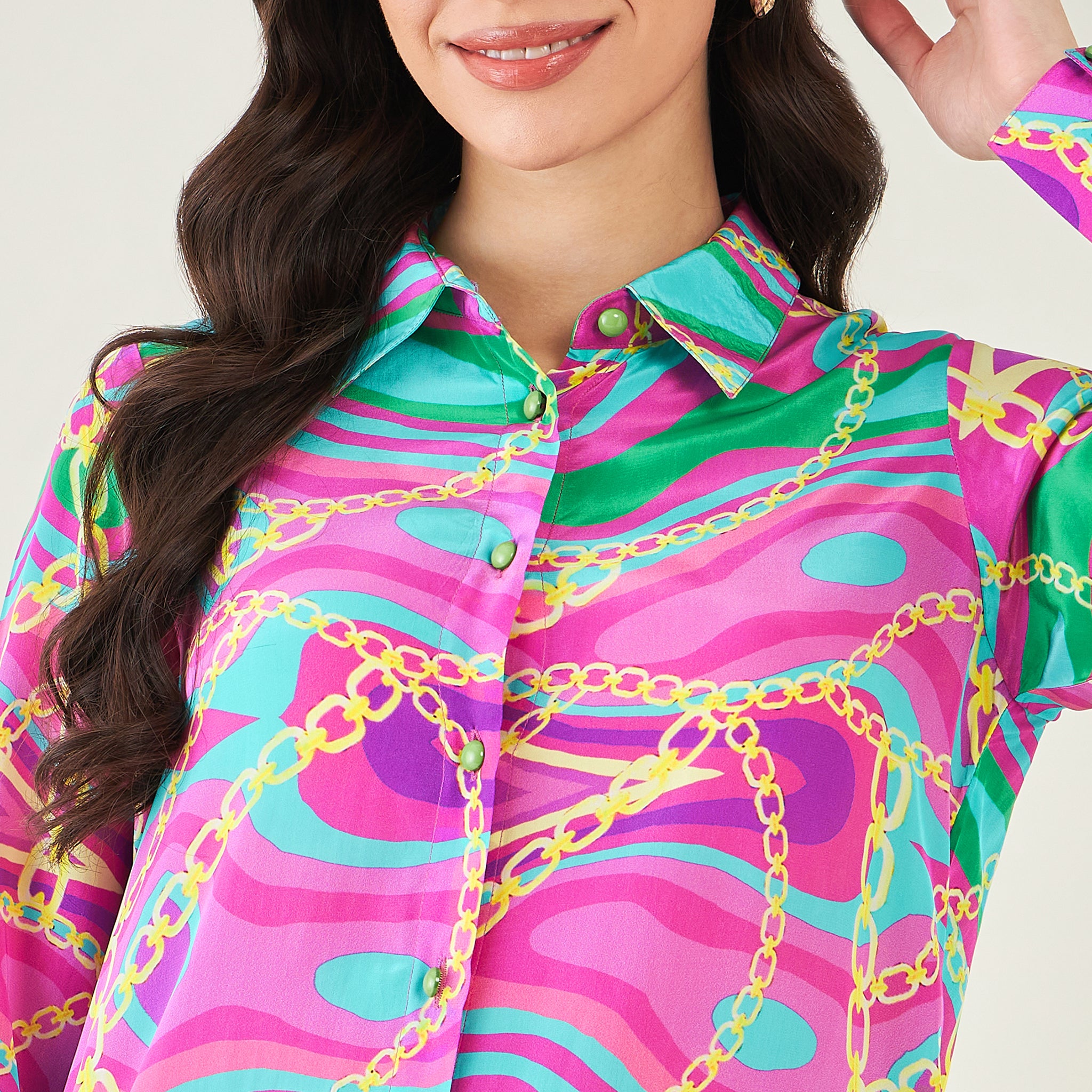 Pink and Green Marine Wave Print Shirt and Pants Set