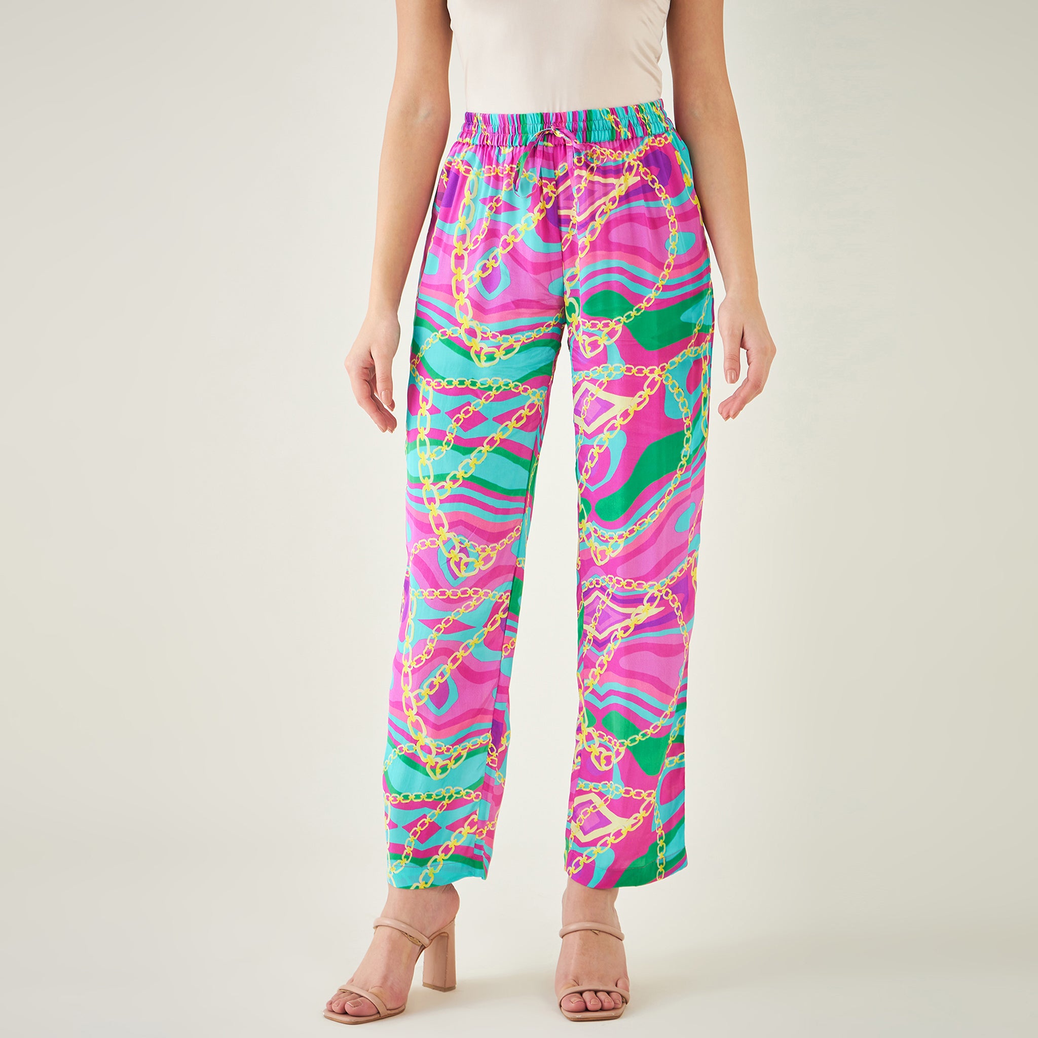 Pink and Green Marine Wave Print Shirt and Pants Set