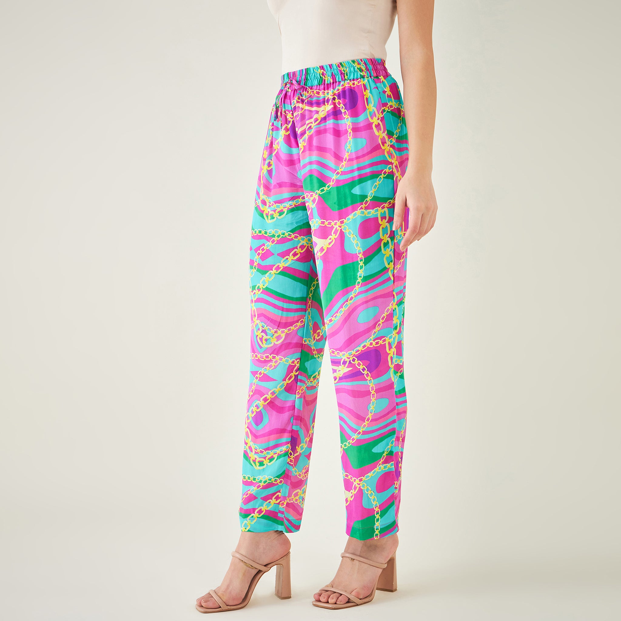 Pink and Green Marine Wave Print Shirt and Pants Set