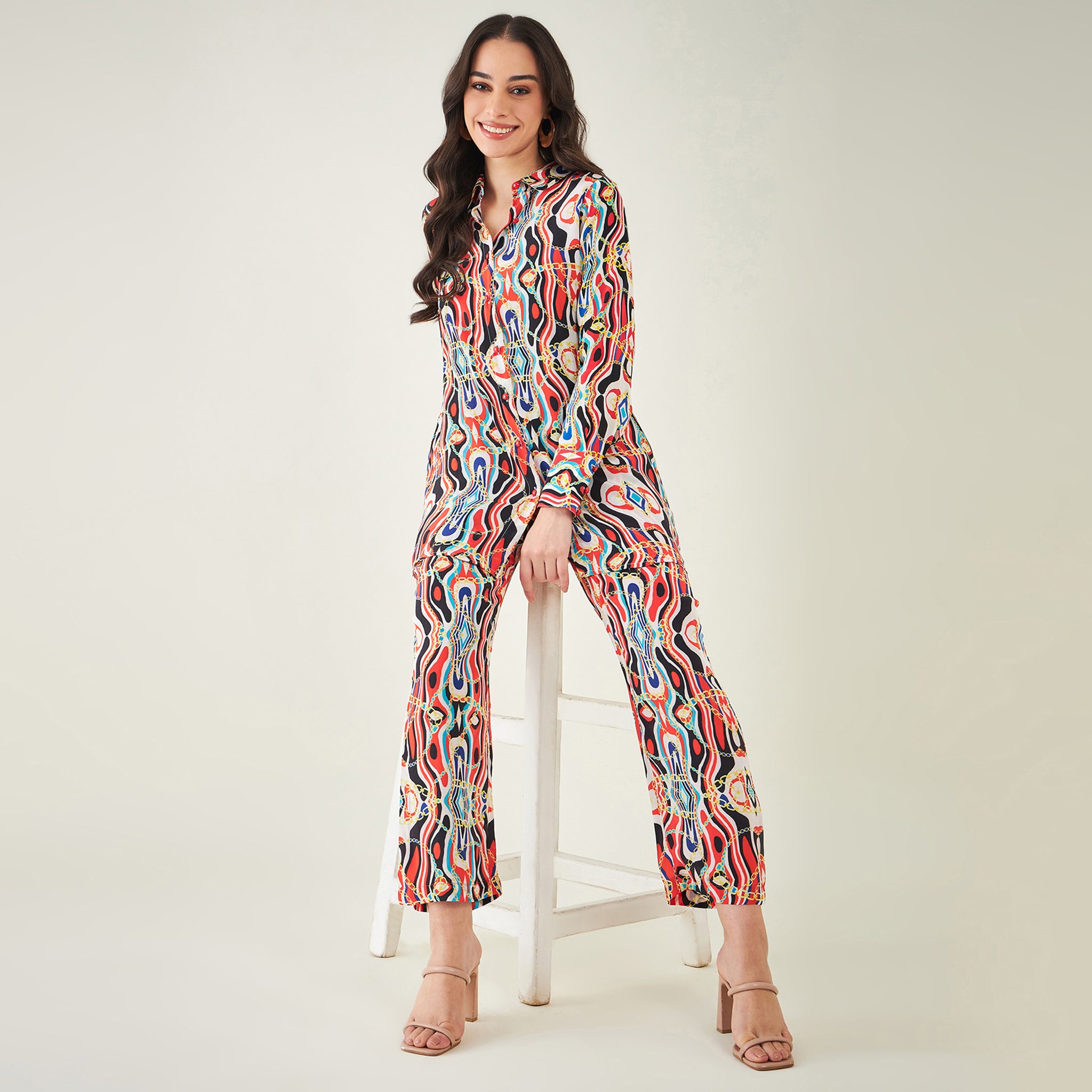 Black and Red Marine Wave Print Shirt and Pants Set