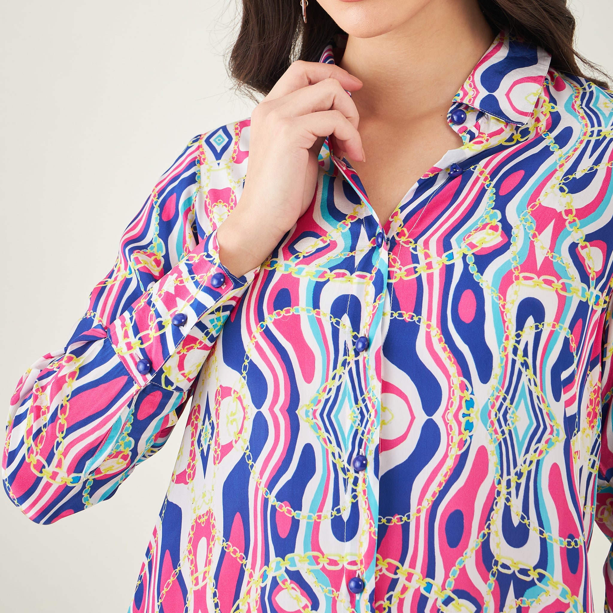 Blue and Pink Marine Wave Print Shirt and Pants Set