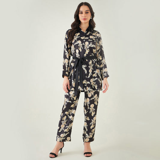 Black Baroque Print Shirt with Belt and Pants Set