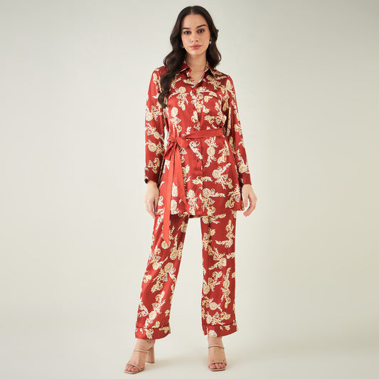 Red Baroque Print Shirt with Belt and Pants Set