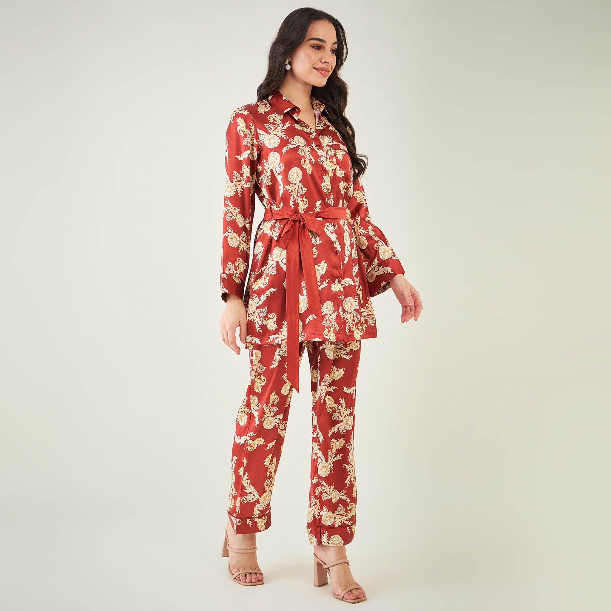 Red Baroque Print Shirt with Belt and Pants Set