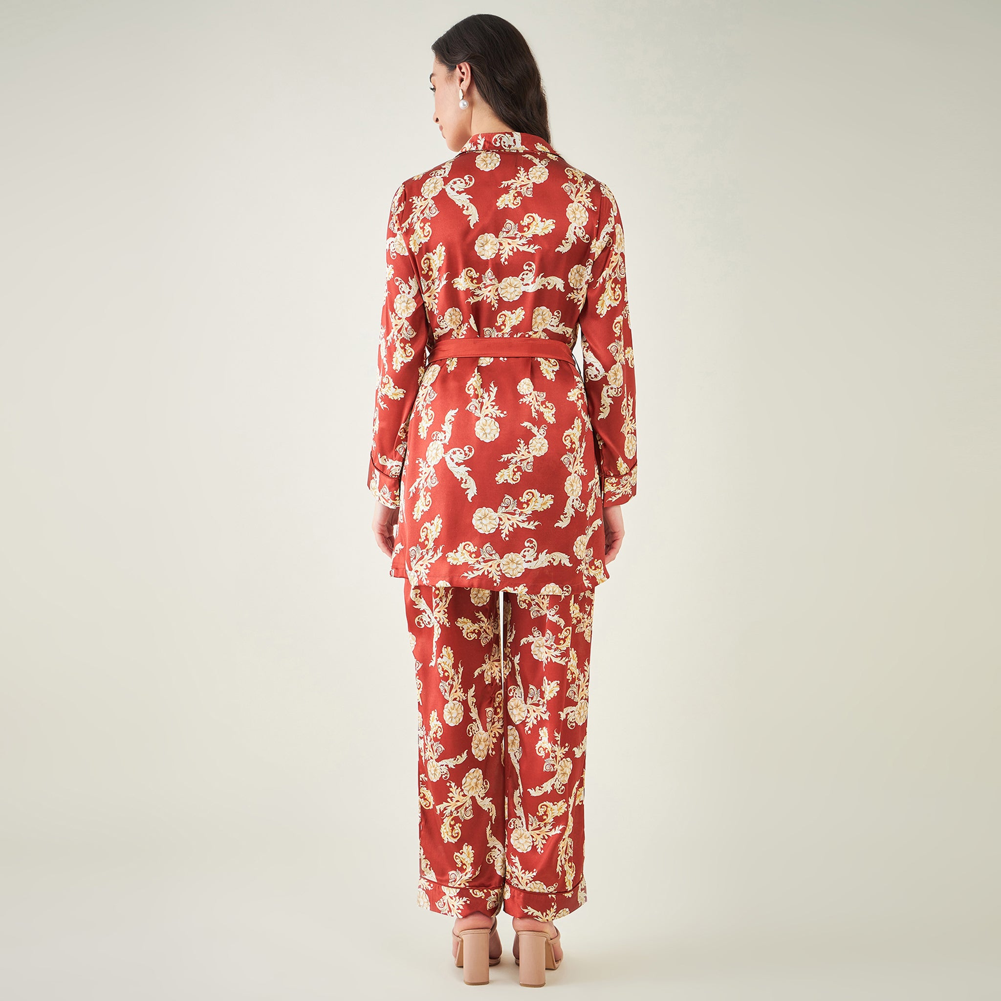 Red Baroque Print Shirt with Belt and Pants Set