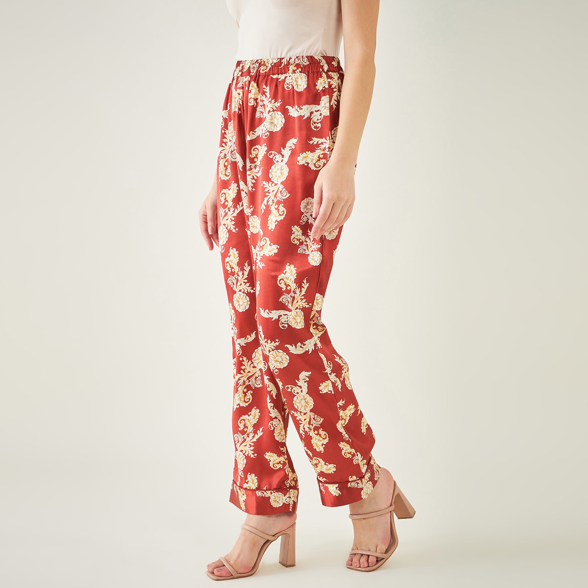 Red Baroque Print Shirt with Belt and Pants Set