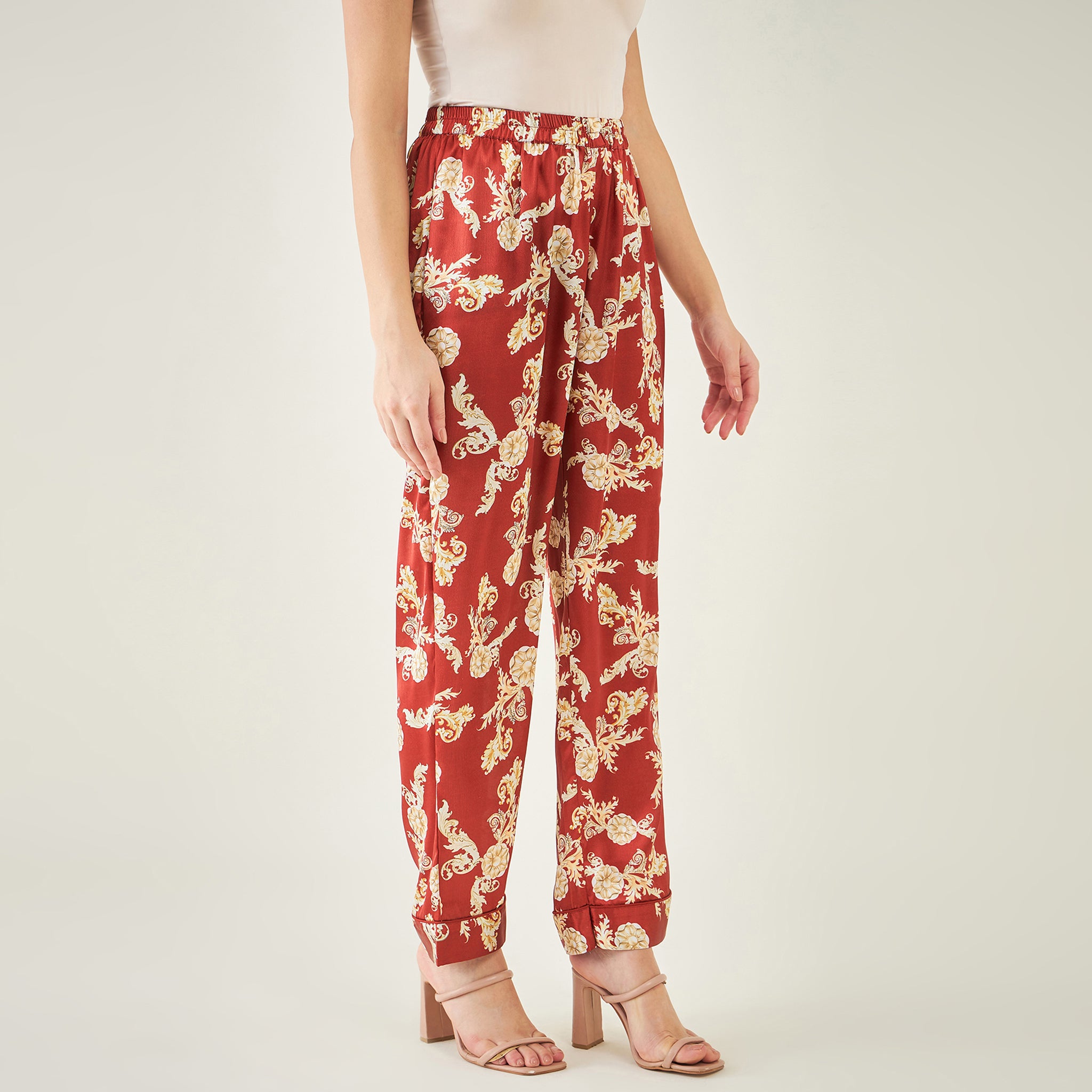 Red Baroque Print Shirt with Belt and Pants Set