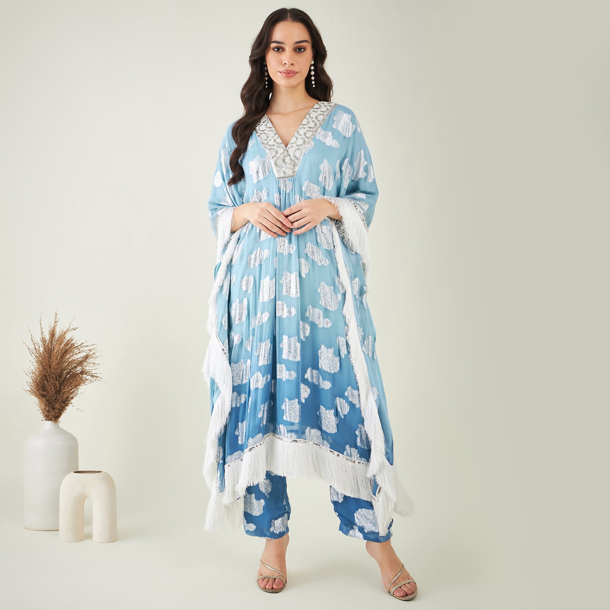 Blue Ombre Lurex Mid Length Kaftan with Fringe Detail and Pants Set