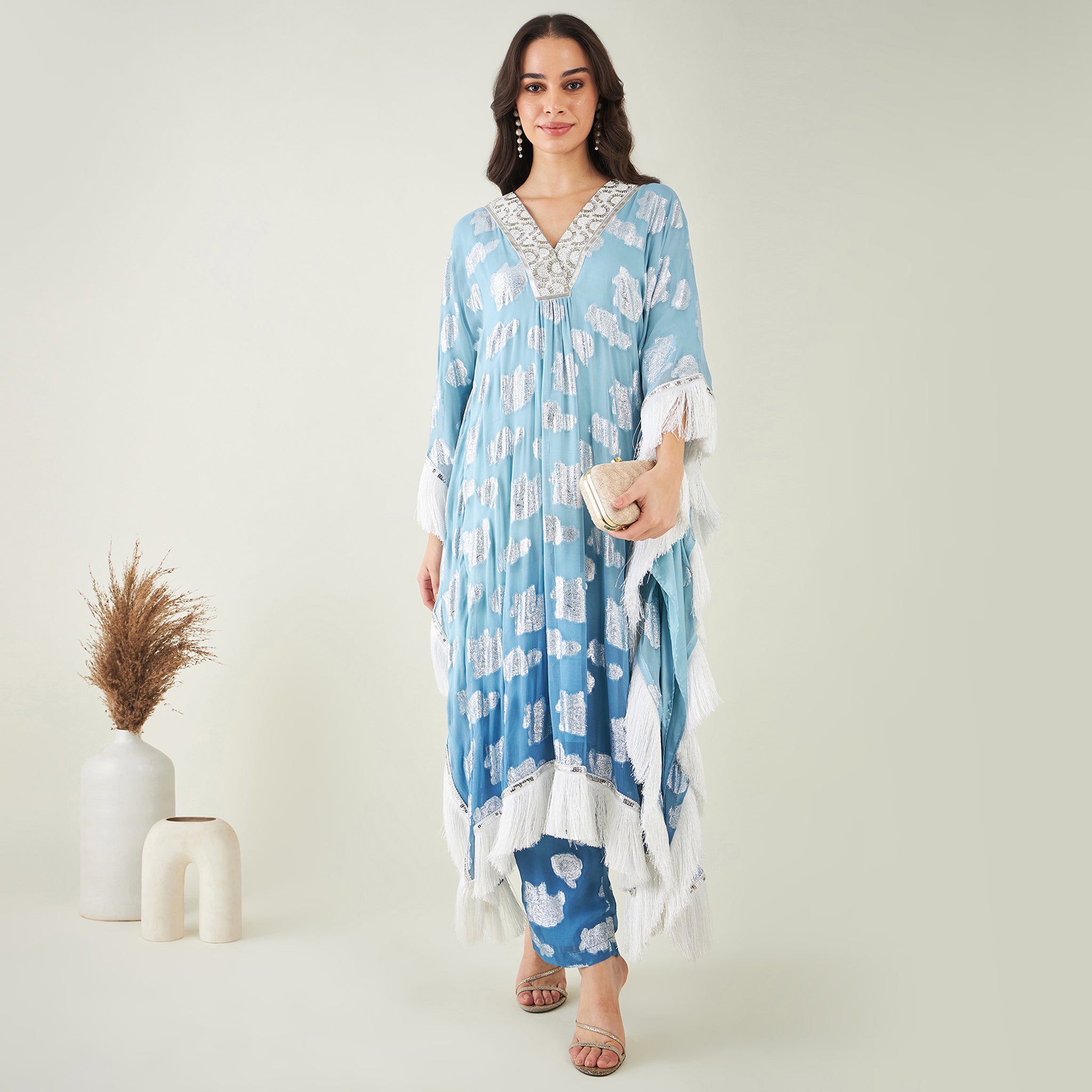 Blue Ombre Lurex Mid Length Kaftan with Fringe Detail and Pants Set