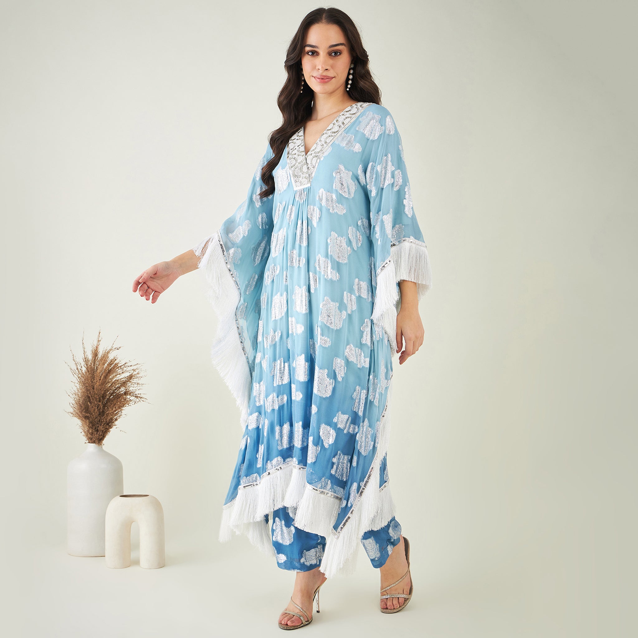 Blue Ombre Lurex Mid Length Kaftan with Fringe Detail and Pants Set