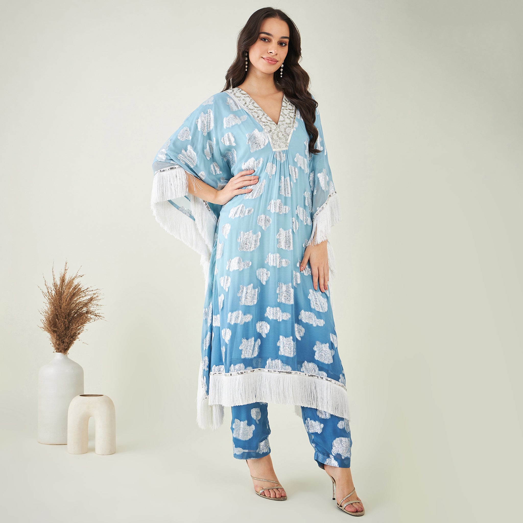 Blue Ombre Lurex Mid Length Kaftan with Fringe Detail and Pants Set