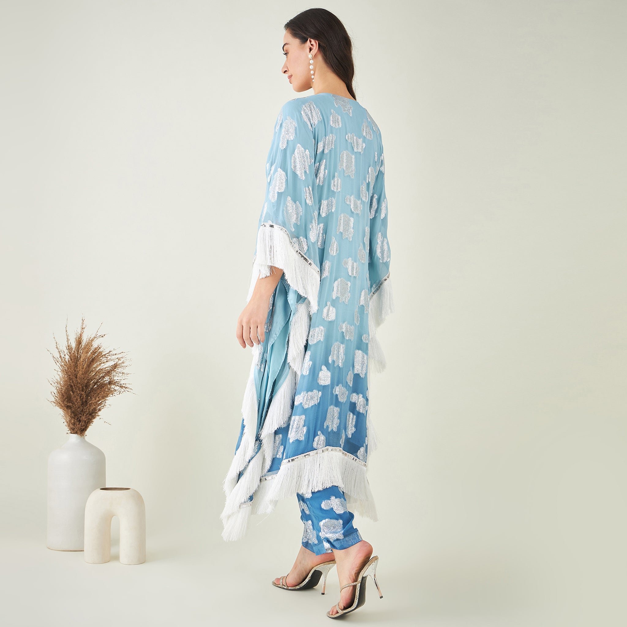 Blue Ombre Lurex Mid Length Kaftan with Fringe Detail and Pants Set