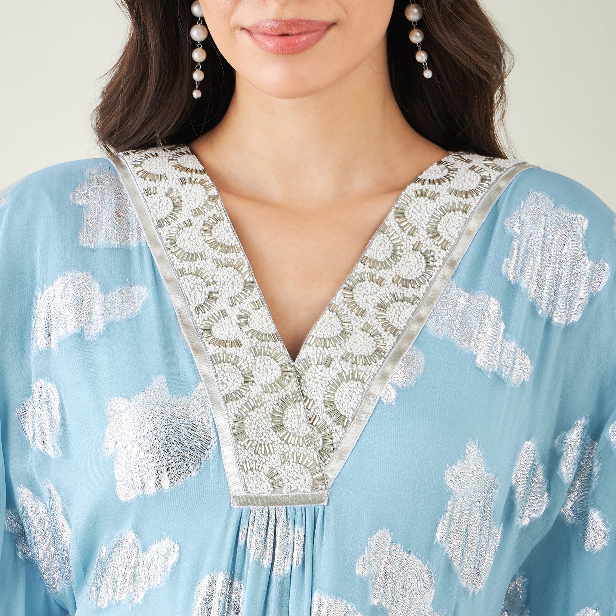 Blue Ombre Lurex Mid Length Kaftan with Fringe Detail and Pants Set