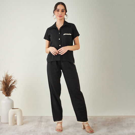 Black Linen Shirt with Lace Detail and Pants Set