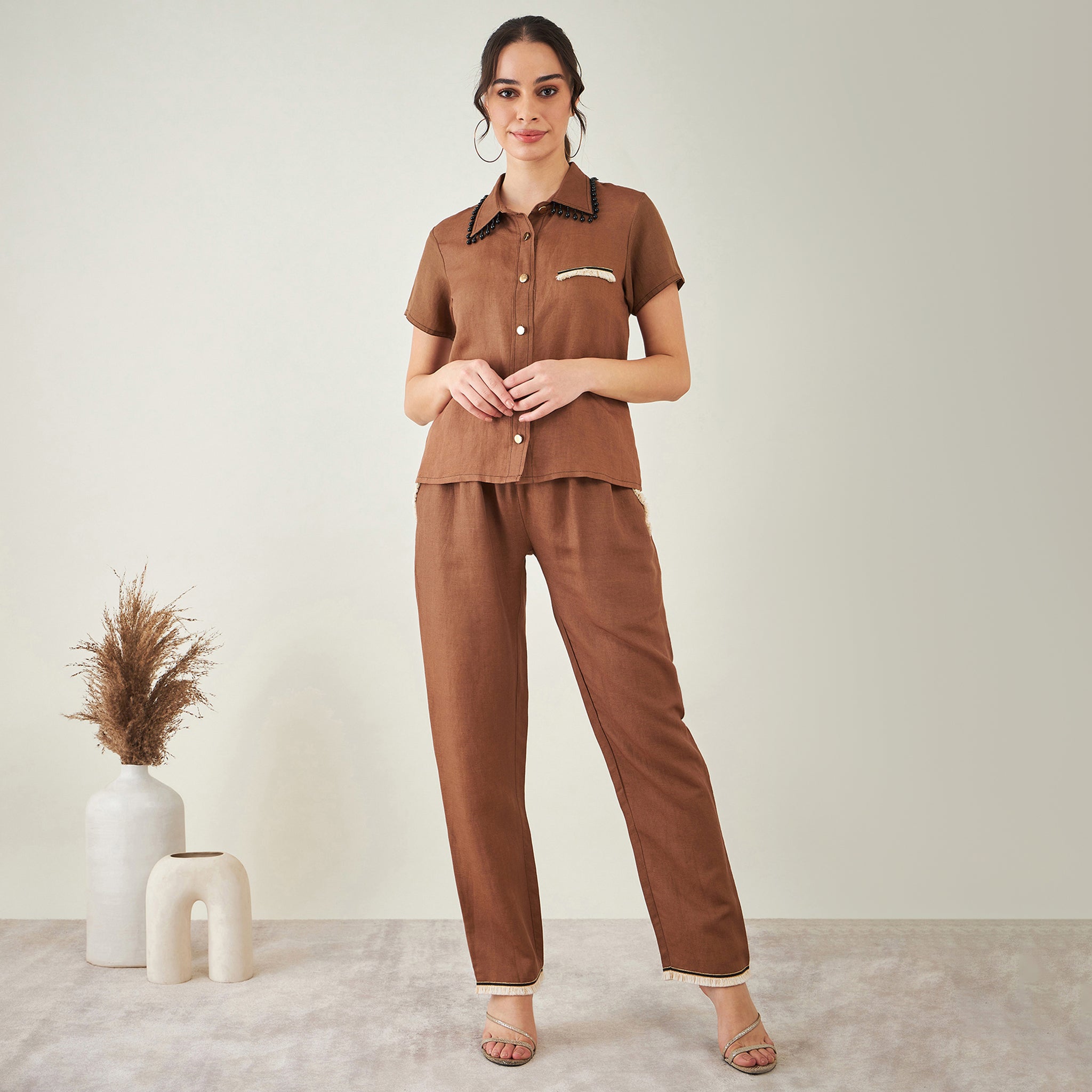 Brown Linen Shirt with Lace Detail and Pants Set