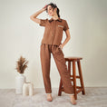 Load image into Gallery viewer, Brown Linen Shirt with Lace Detail and Pants Set
