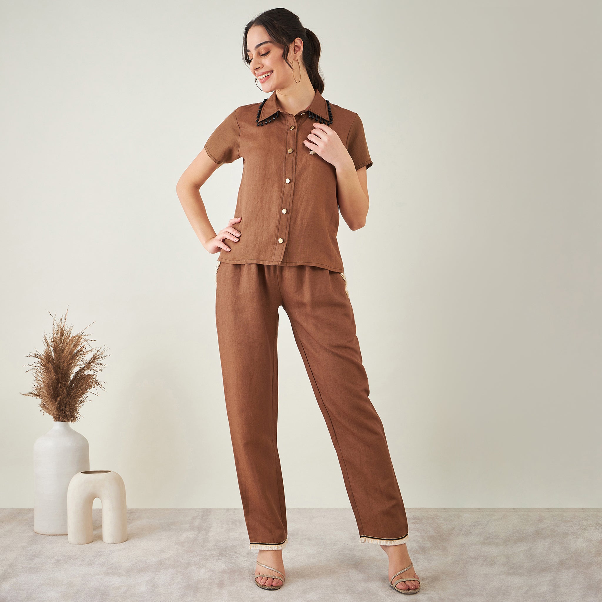 Brown Linen Shirt with Lace Detail and Pants Set