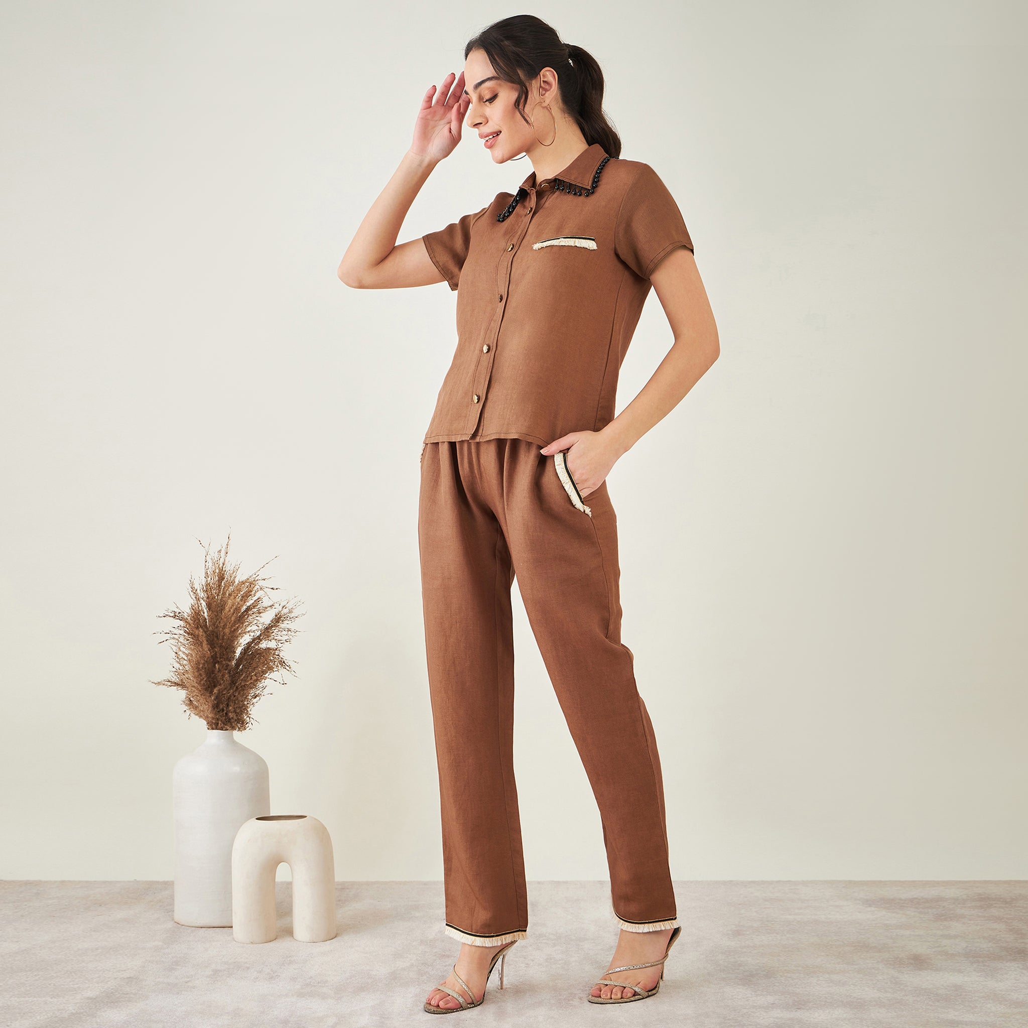 Brown Linen Shirt with Lace Detail and Pants Set