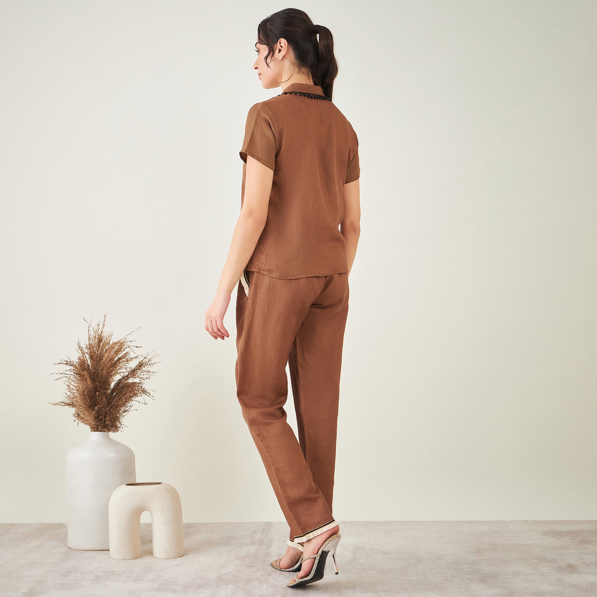 Brown Linen Shirt with Lace Detail and Pants Set