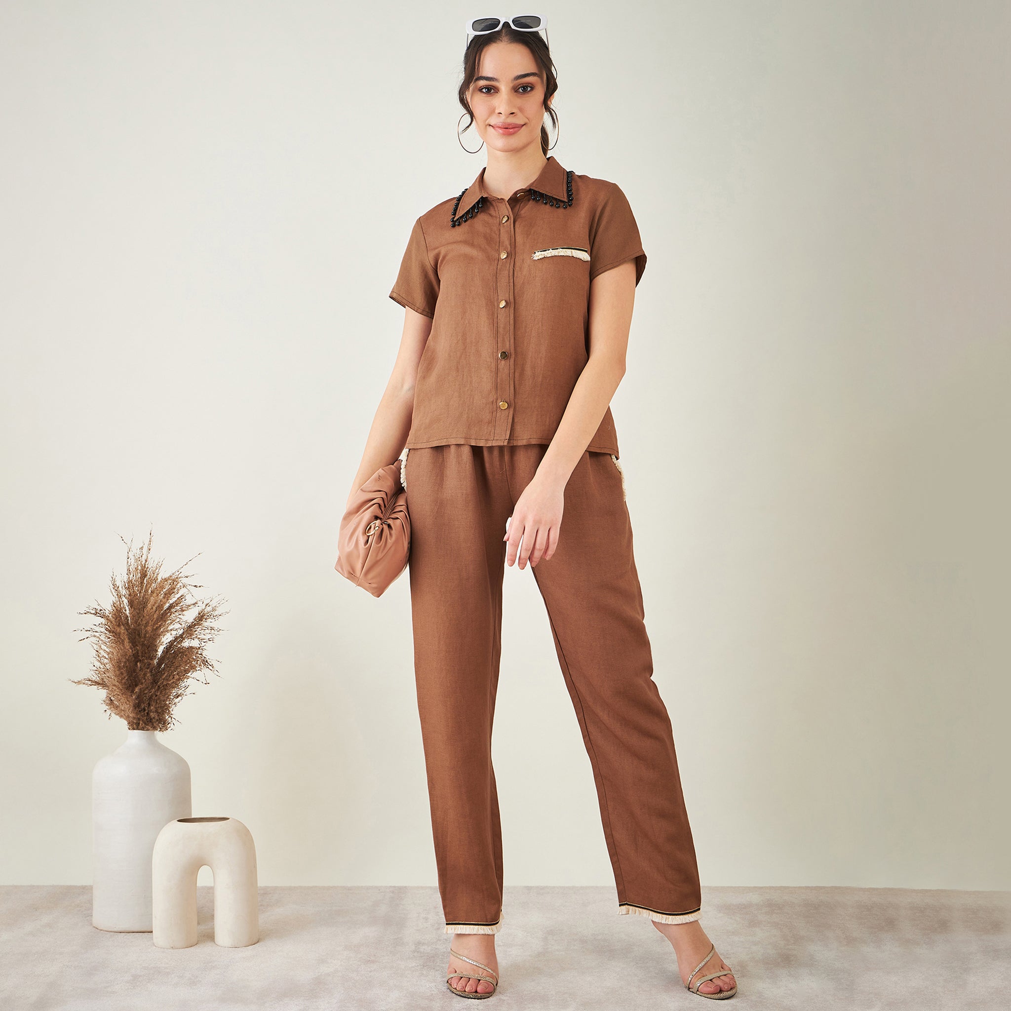 Brown Linen Shirt with Lace Detail and Pants Set