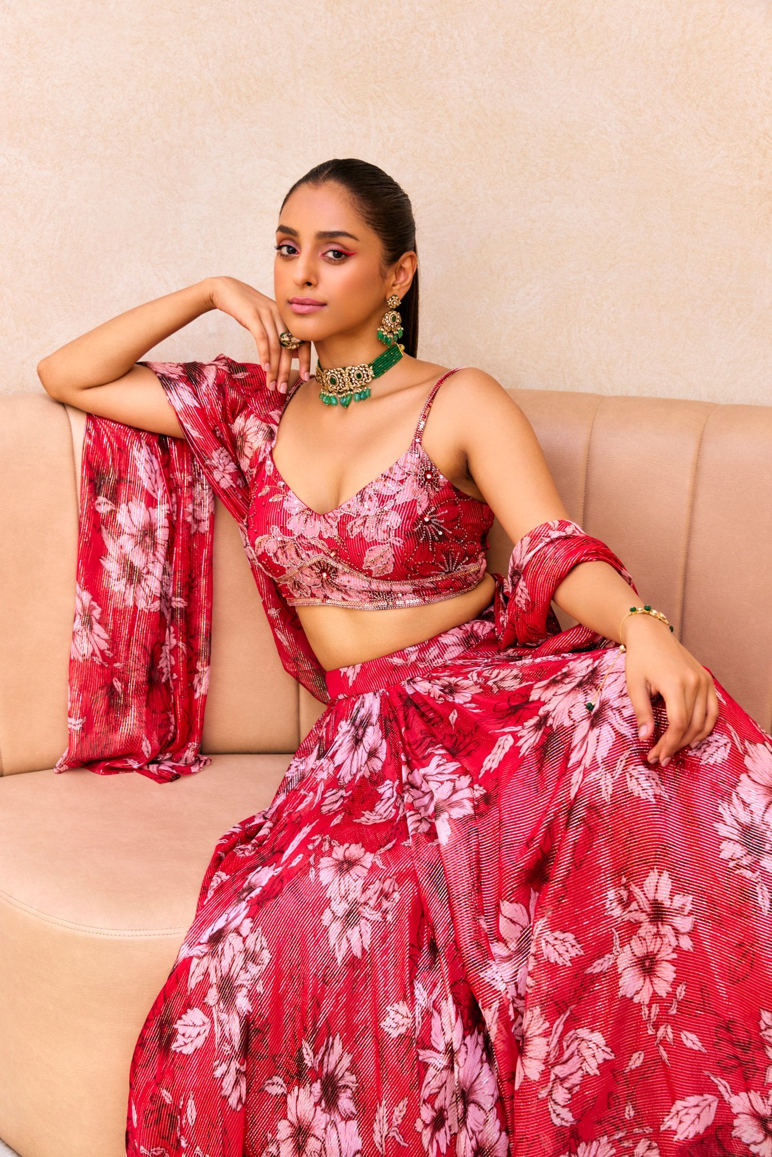 Red Floral Print Lehenga Set