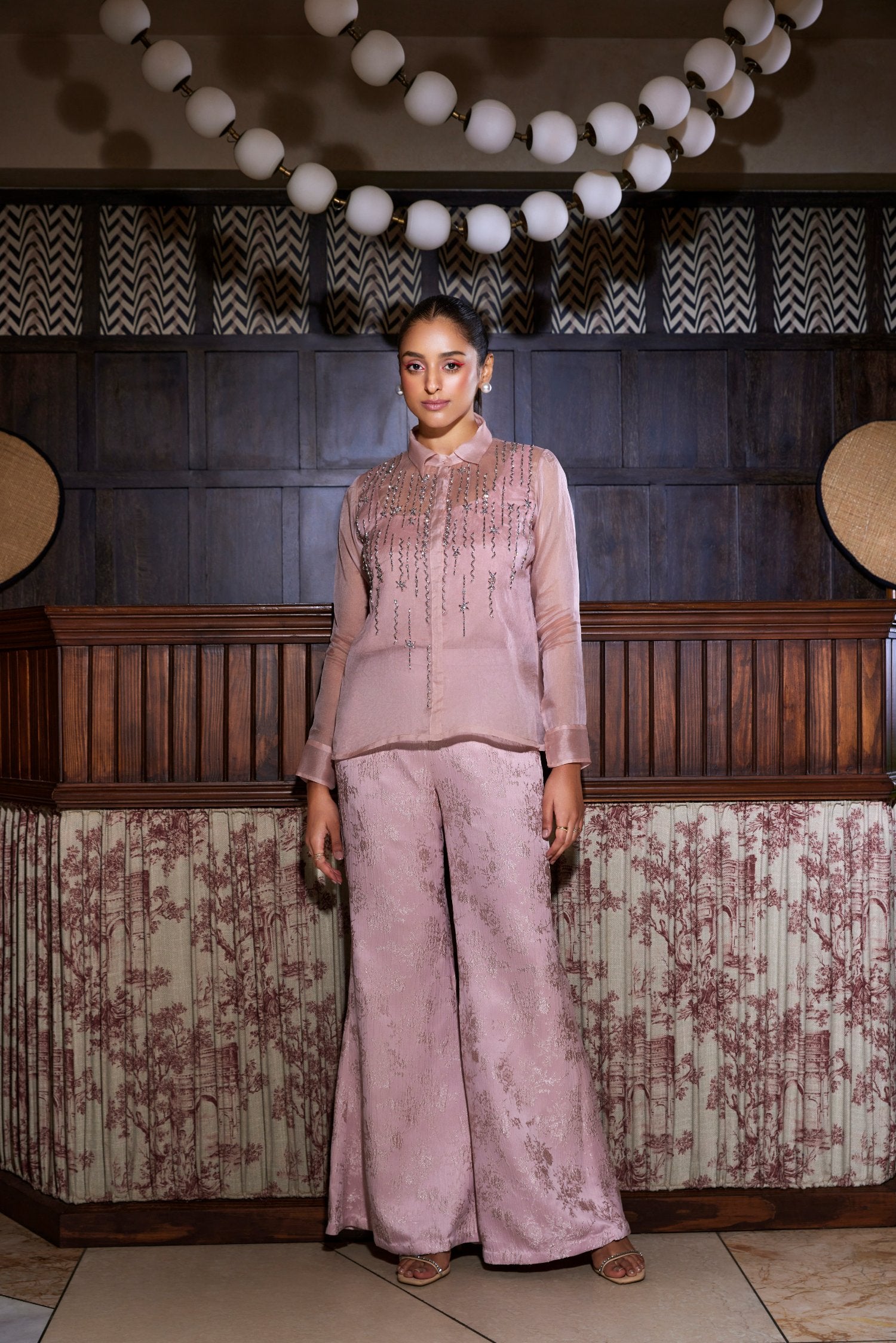 Pink Organza Shirt With Jacquard Pants