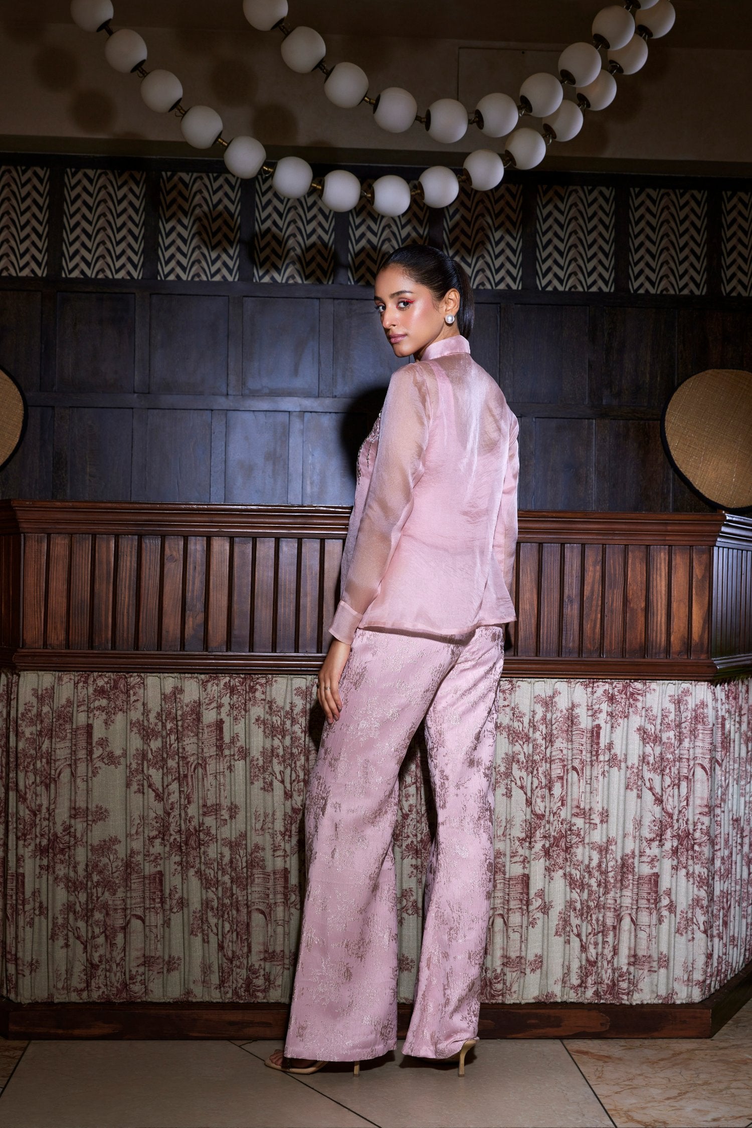 Pink Organza Shirt With Jacquard Pants