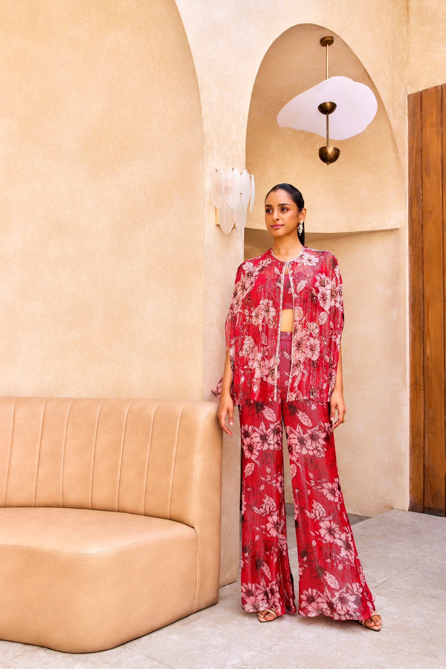 Red Floral Print Cape And Pant Set