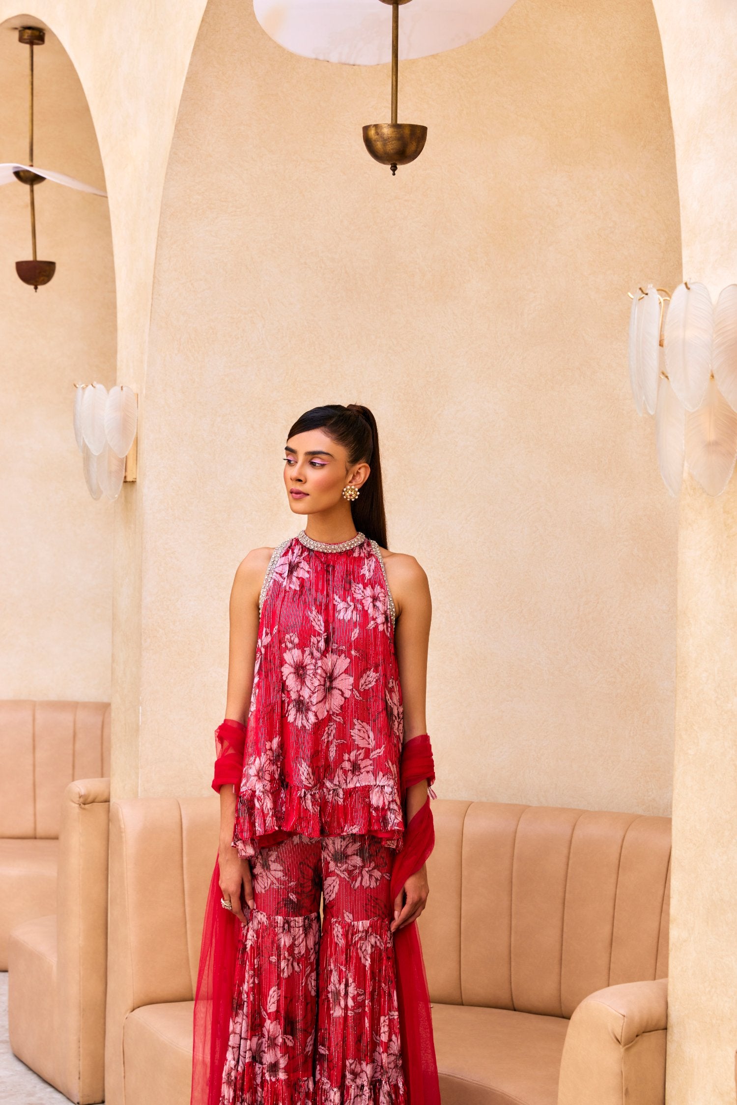 Red Print Ruffle Tunic And Sharara Set