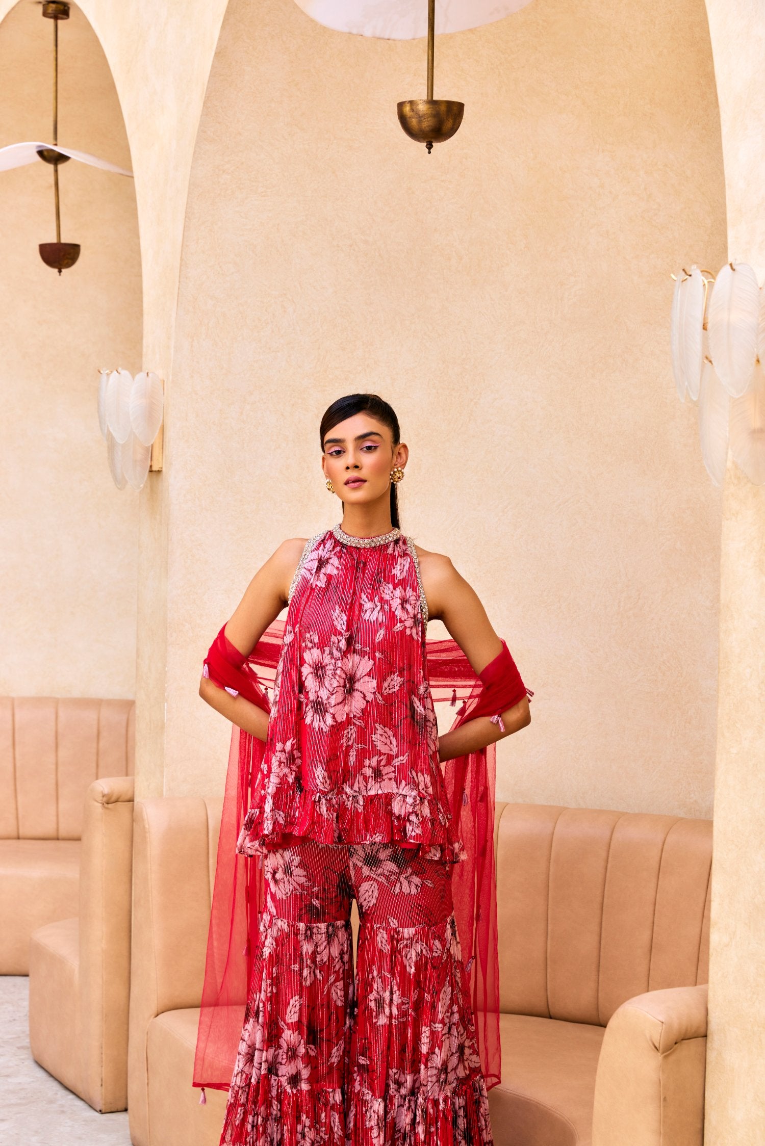 Red Print Ruffle Tunic And Sharara Set