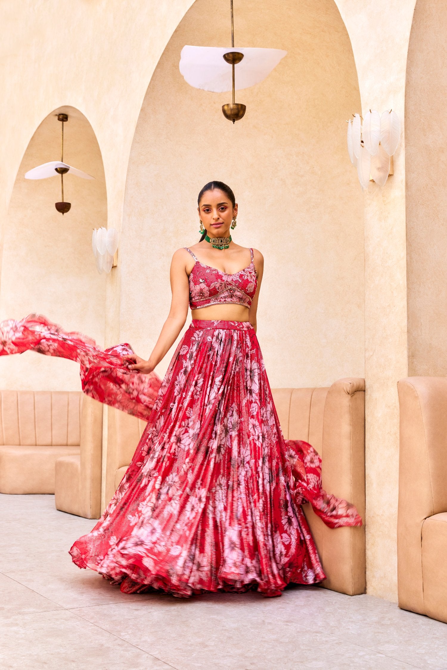 Red Floral Print Lehenga Set