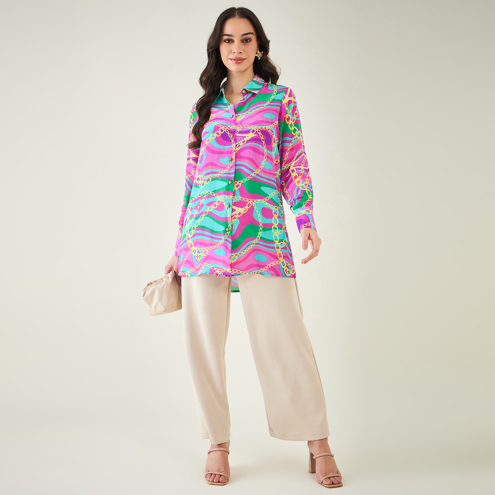 Pink and Green Marine Wave Print Shirt