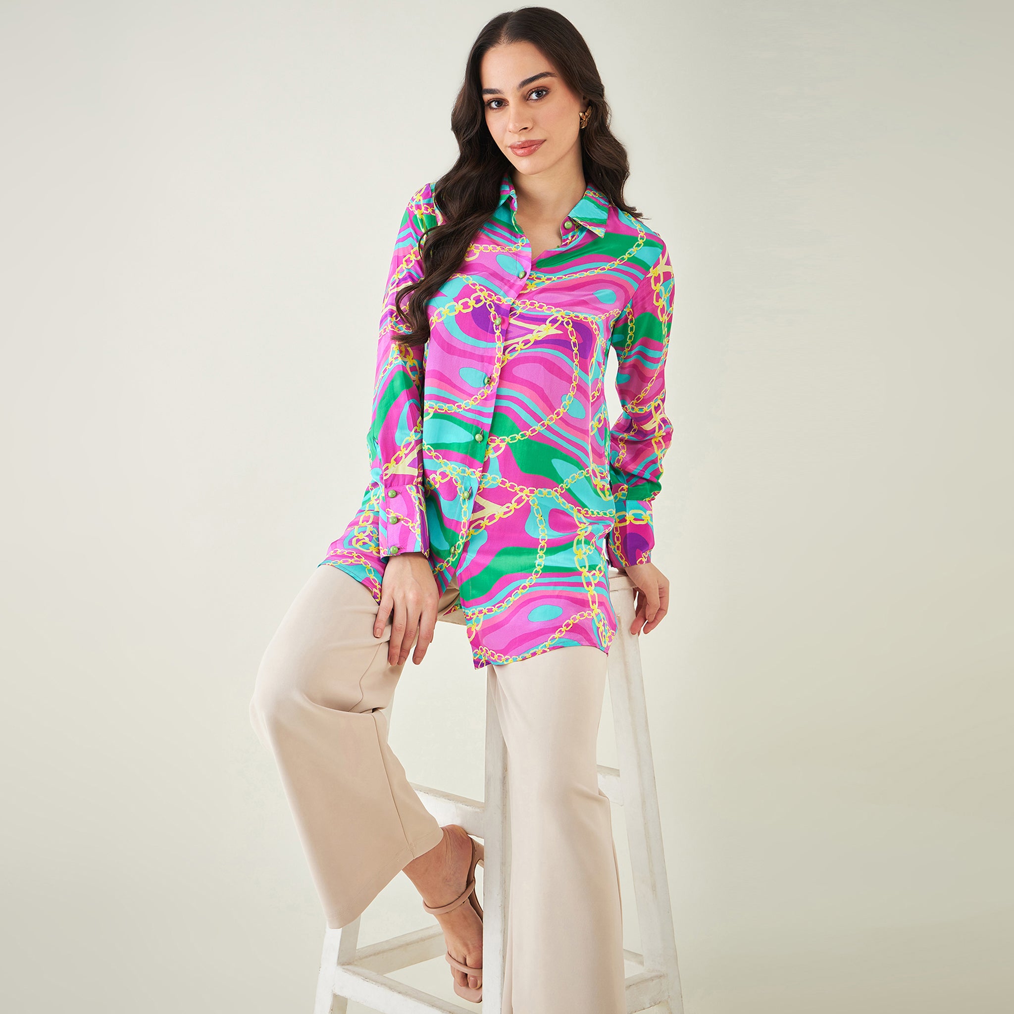 Pink and Green Marine Wave Print Shirt