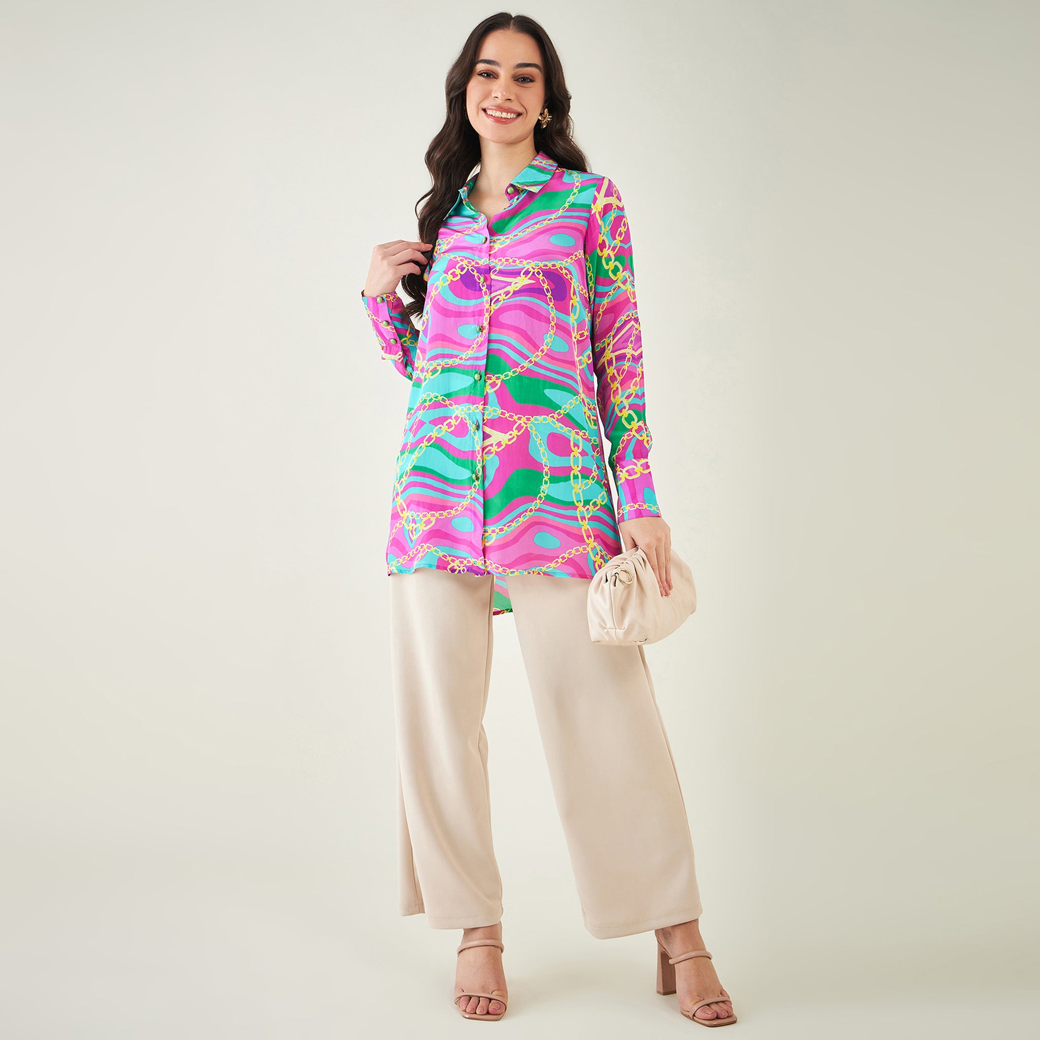 Pink and Green Marine Wave Print Shirt