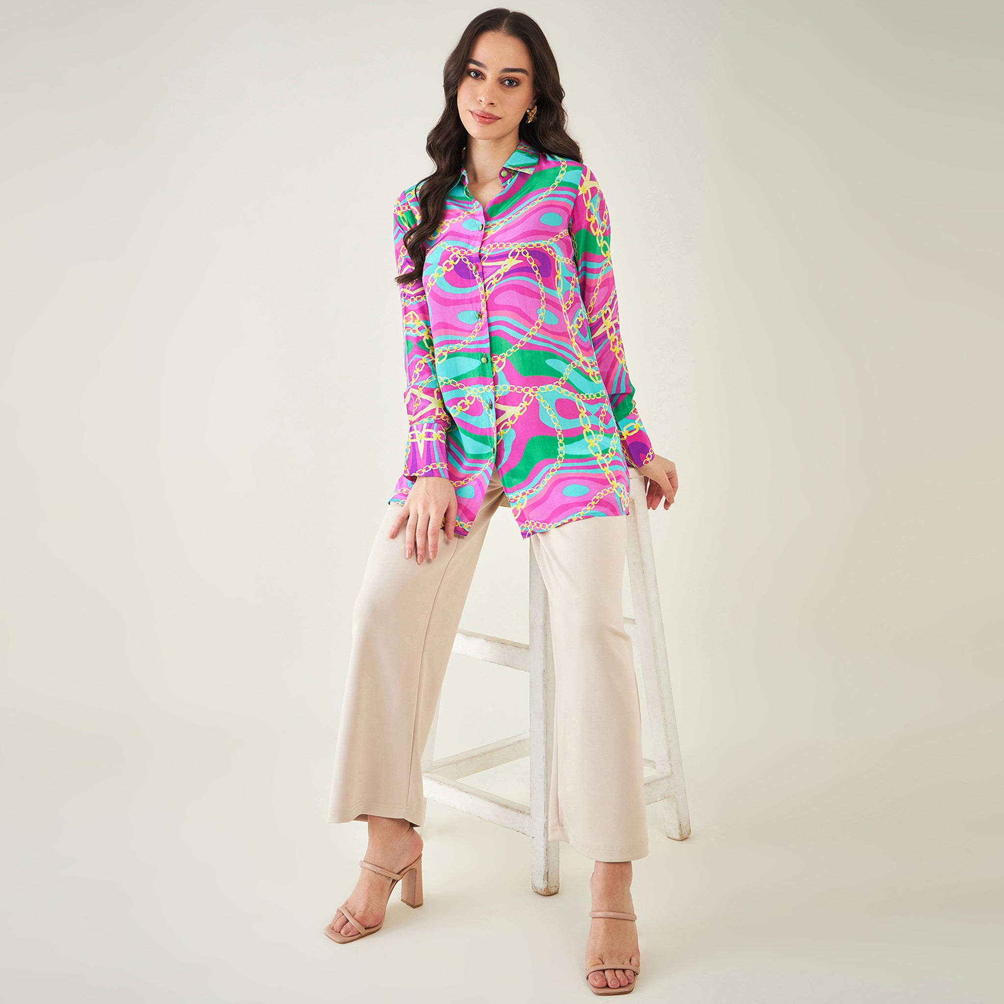 Pink and Green Marine Wave Print Shirt