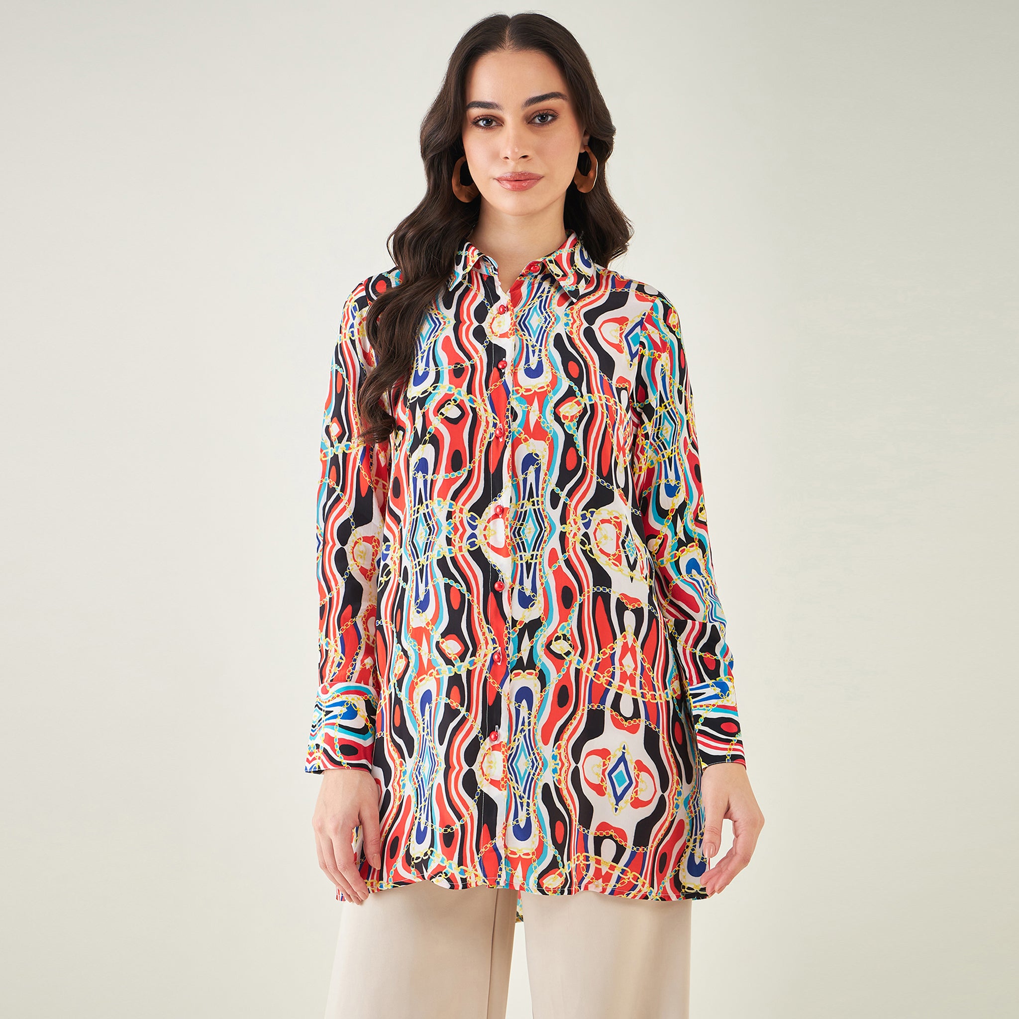 Black and Red Marine Wave Print Shirt