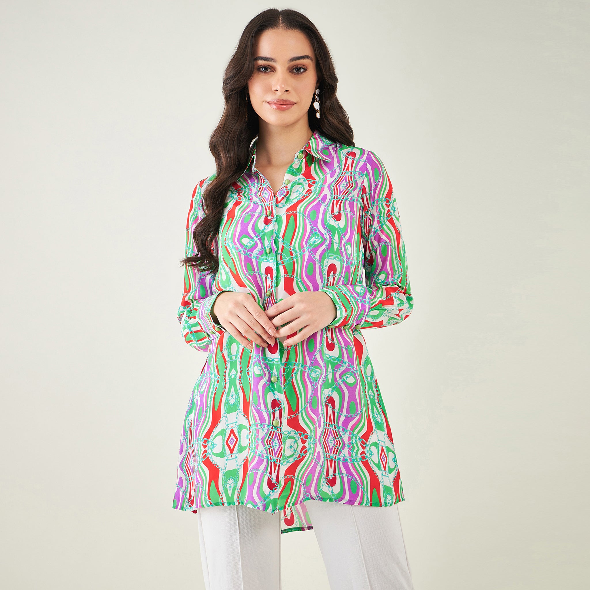 Green and Orange Marine Wave Print Shirt